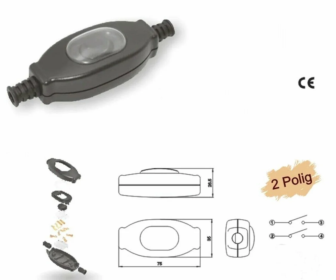 Wodoodporny przełącznik IP65 do mocowania na sznurku, odpowiedni do zastosowań na zewnątrz, 3A/250V, kolor czarny