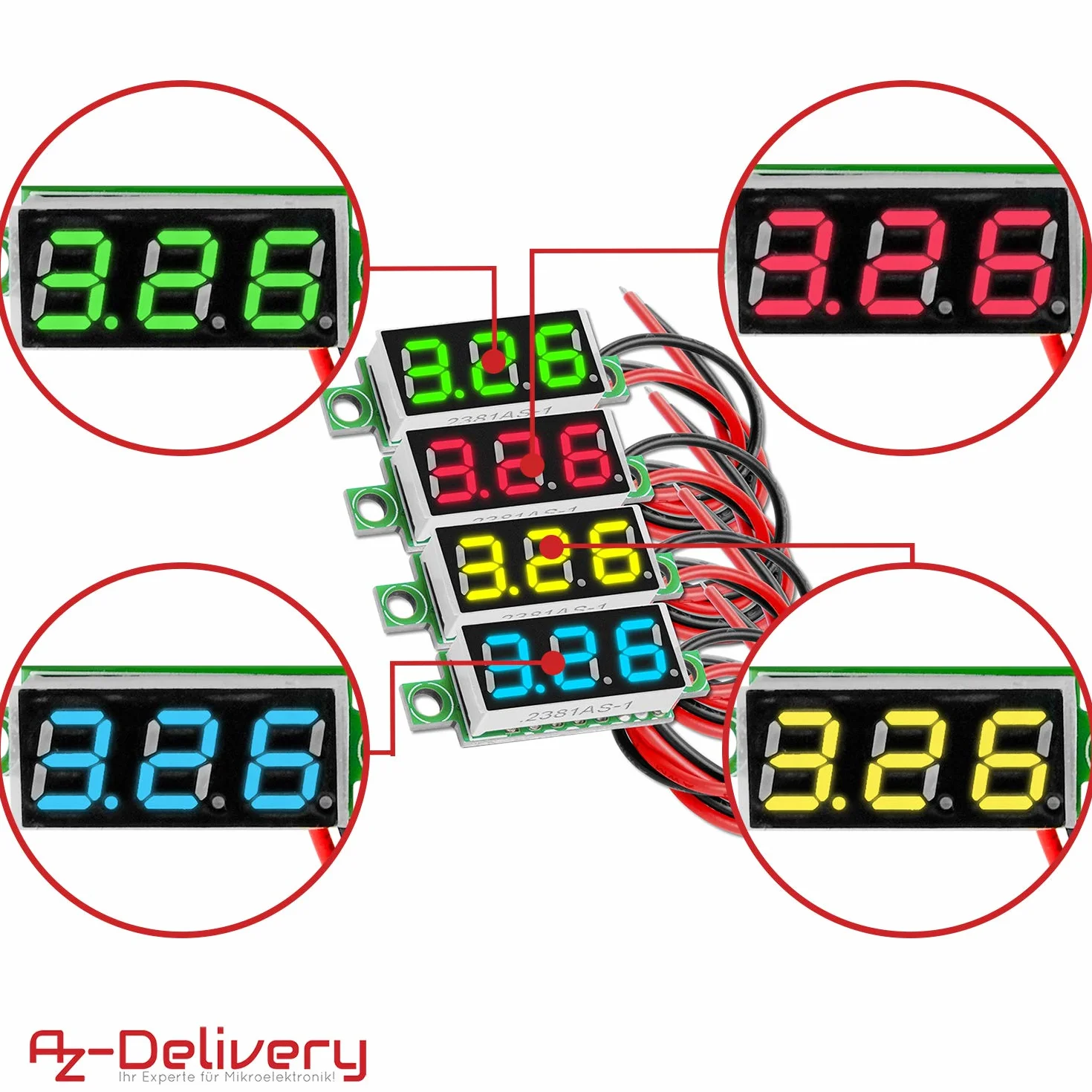 AZDelivery 3 x 0,28 cala Mini woltomierz cyfrowy z 7-segmentowym wyświetlaczem LED 2,5 V - 30 V, wyświetlacz napięcia, moduł pomiaru napięcia, 4 kolorowy wyświetlacz kompatybilny z Arduino i E-book w zestawie!