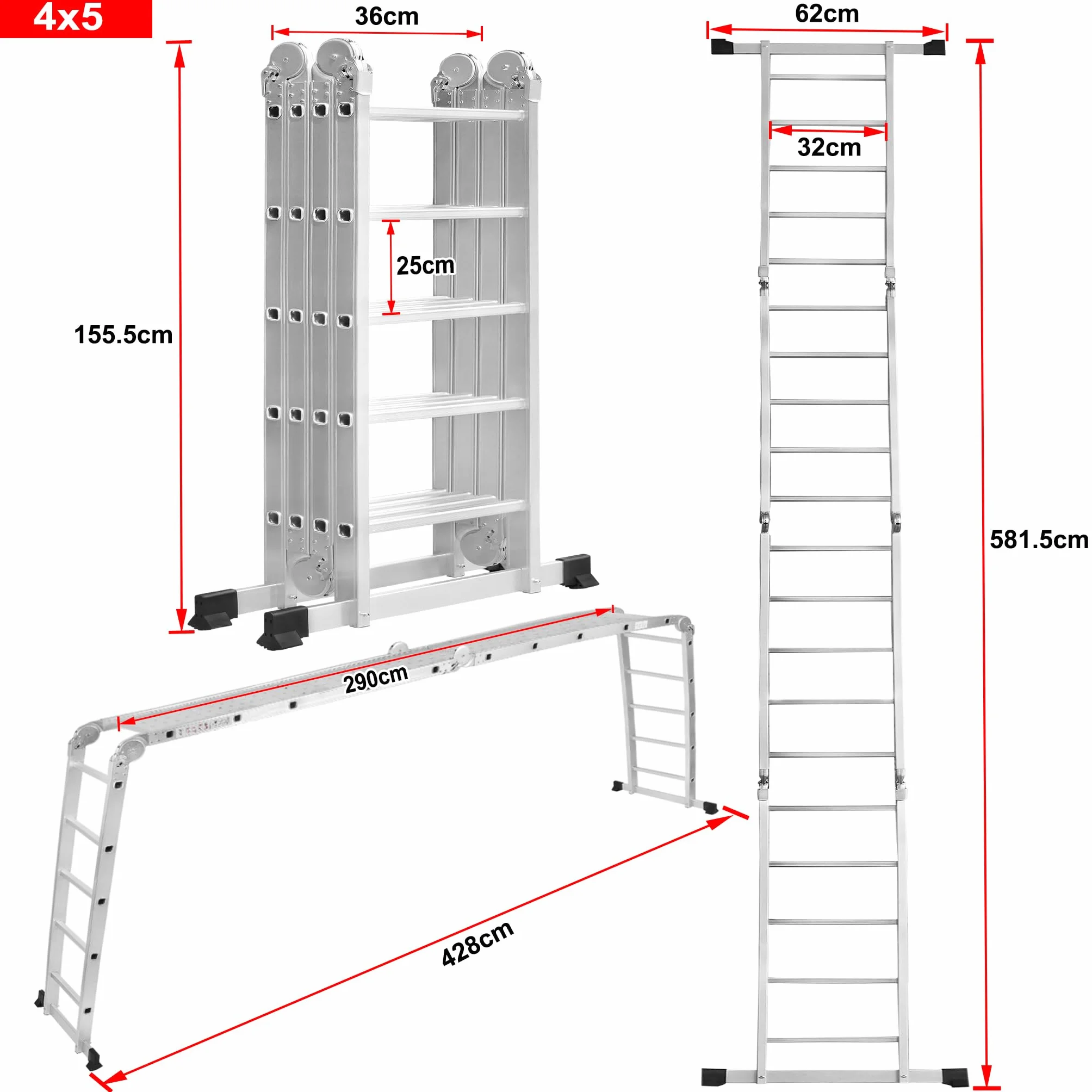 LARS360 Aluminiowa drabina wielofunkcyjna 6 w 1, 4 x 5 stopni, składana przegubowa