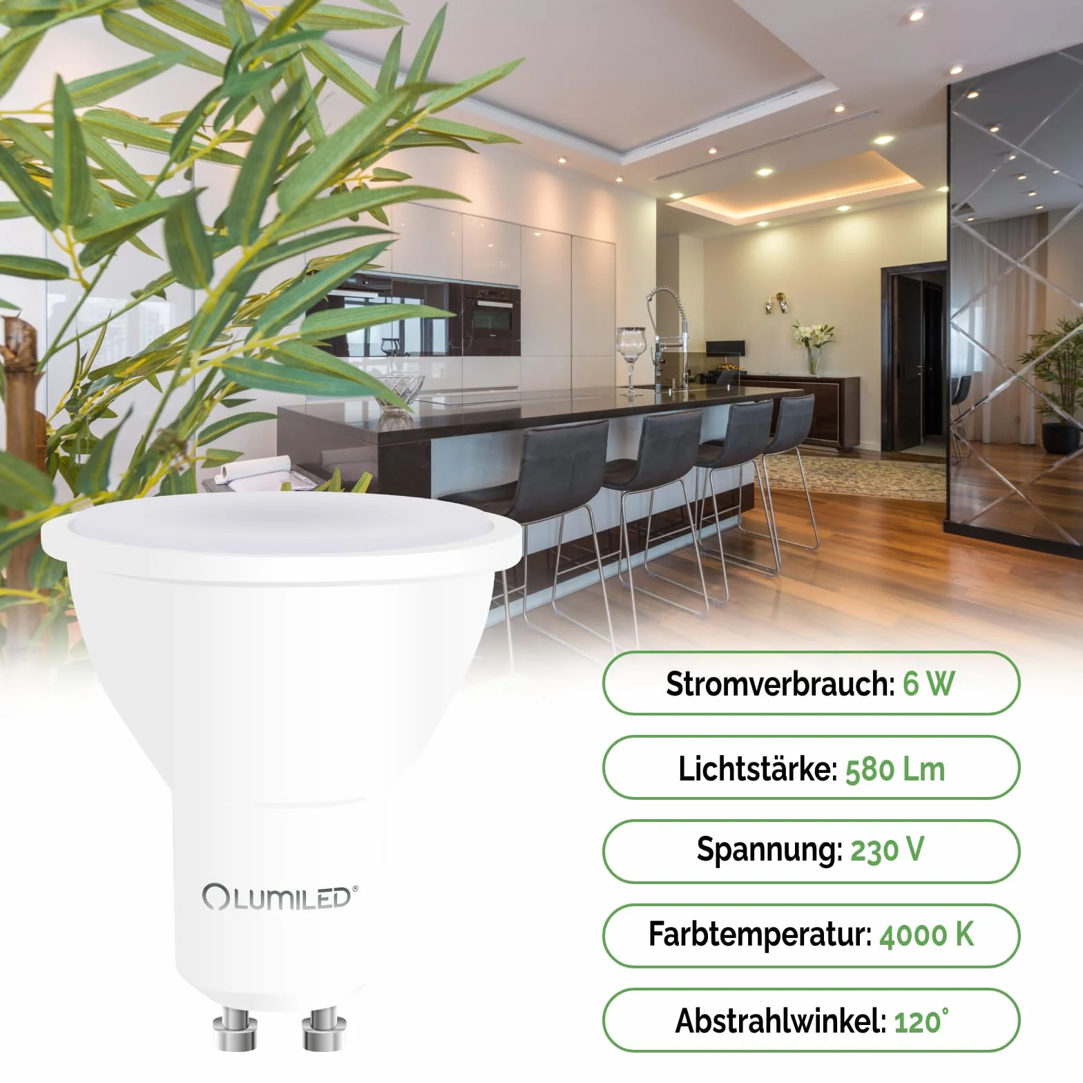 LUMILED GU10 LED 6W 580lm 4000K Neutralna Biała Żarówka Punktowa 120° 10 Sztuk
