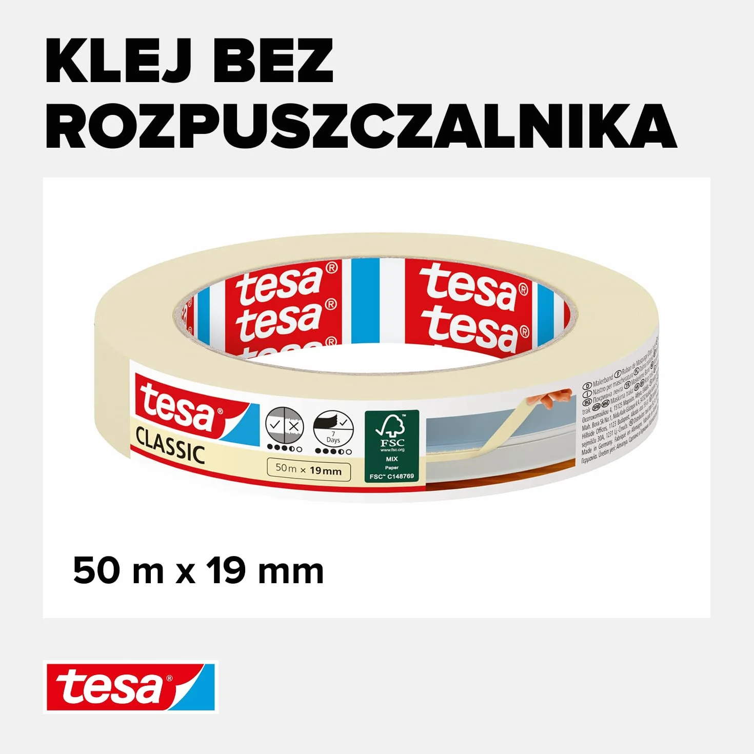 Tesa Classic taśma maskująca 50m x 19mm bezrozpuszczalnikowa usuwalna