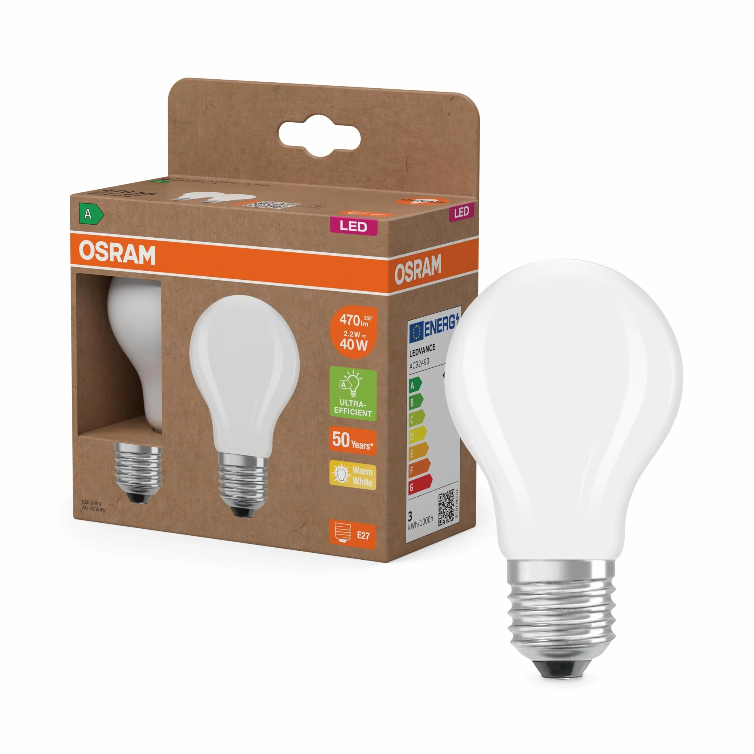 OSRAM LED Superstar Klasyczna lampa LED A 40 w klasycznym kształcie żarówki z matowego szkła, 2,2 W, 470 lm, trzonek E27, ciepłe białe światło o temperaturze 2700 K, EEK A, średnica 60 mm.