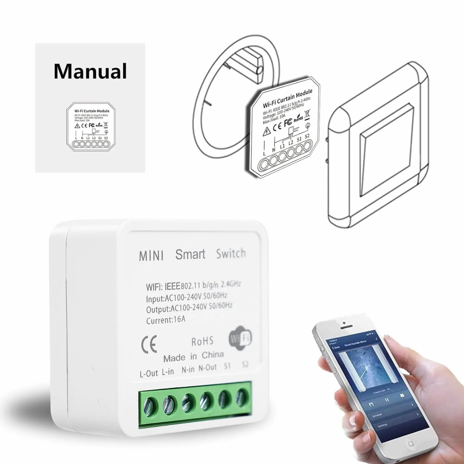 DEWIN Mini inteligentny przełącznik Wi-Fi, 10 A Tuya Smart Switch, włącznik światła, sterowanie głosem / timer, TUYA aplikacja zdalnego sterowania, Google Home, sterowanie głosem Alexa 240 V, WiFi 2,4