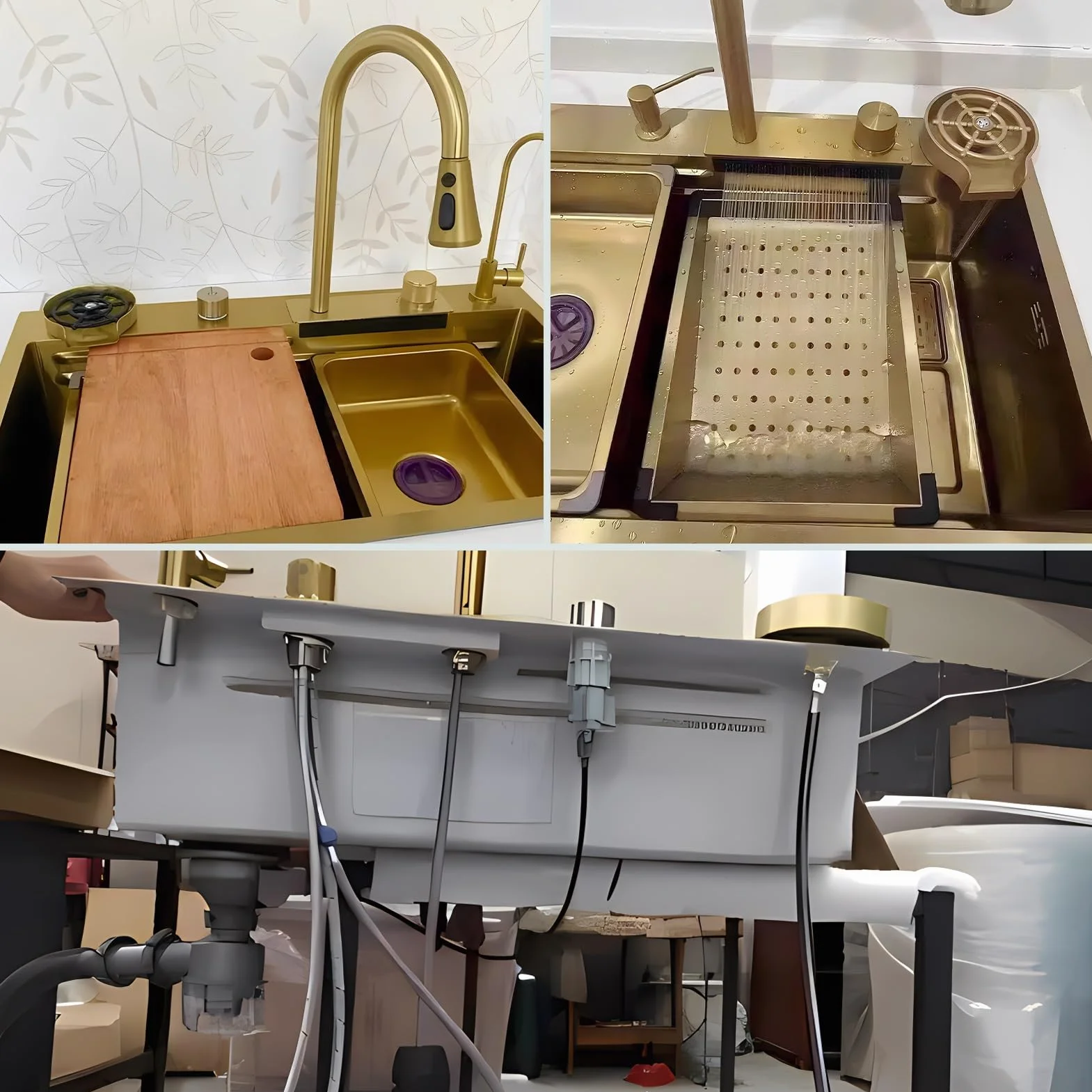 Gold Nano Kitchen Waterfall Sink Set with Multi-Function Pull-Out Faucet Deep Single Bowl 75x45cm