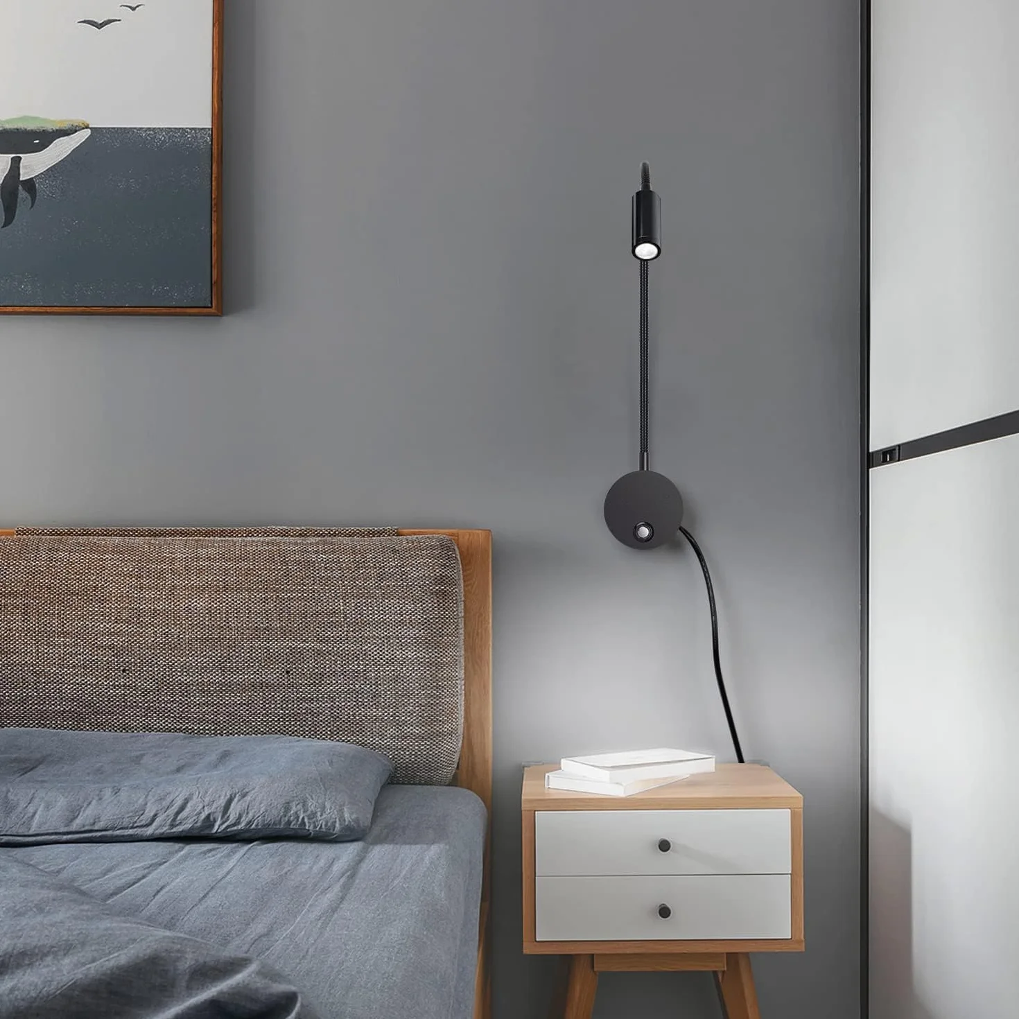 ERWEY Lampa ścienna LED z przełącznikiem dotykowym, ściemniana, USB, 360°, czarny