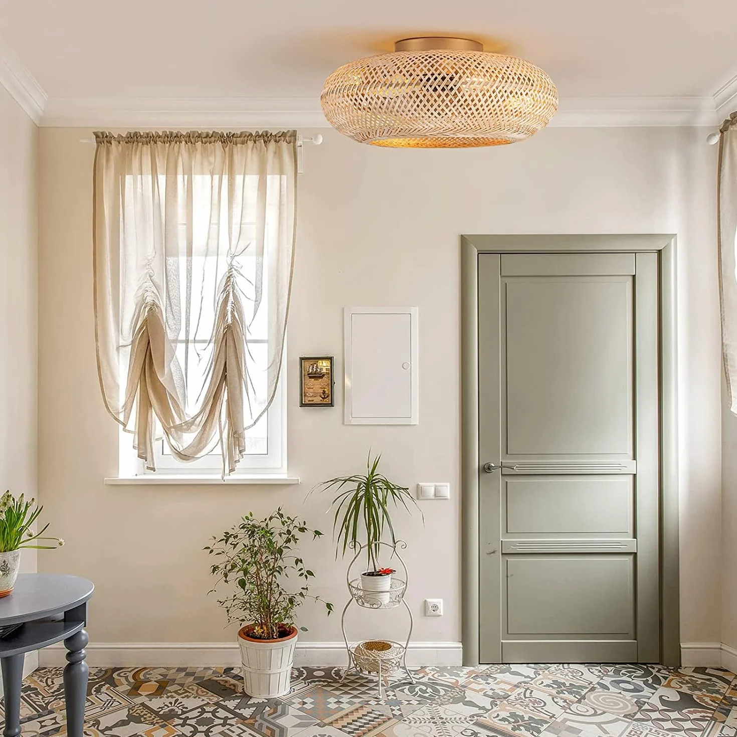 Wentylatory sufitowe E27 Retro ze światłem i pilotem cicha lampa wisząca splot bambus i rattan naturalna