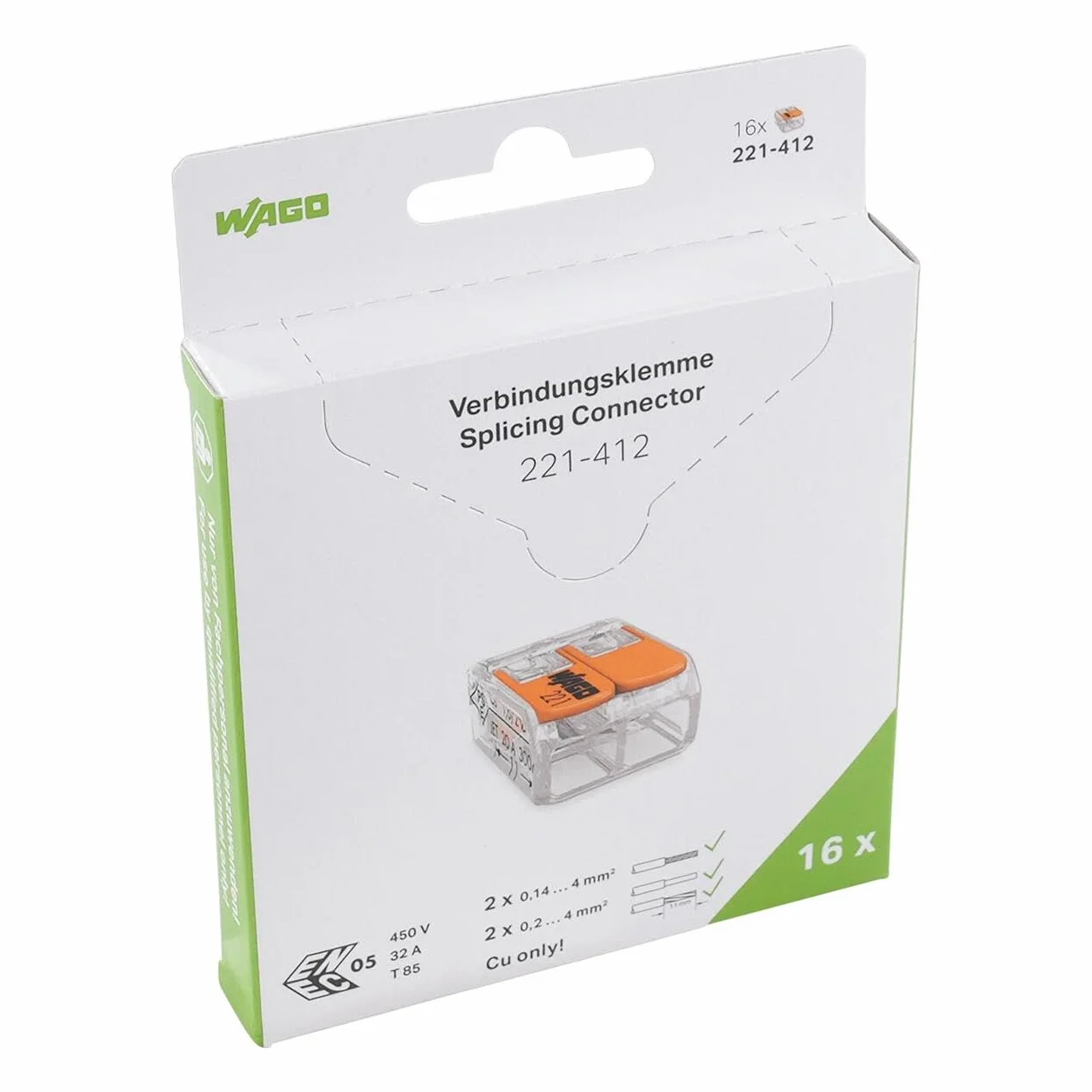 WAGO Zaciski łączące 221-412 2-biegunowe 4 mm² kompaktowe złącze kablowe z dźwignią 16 sztuk