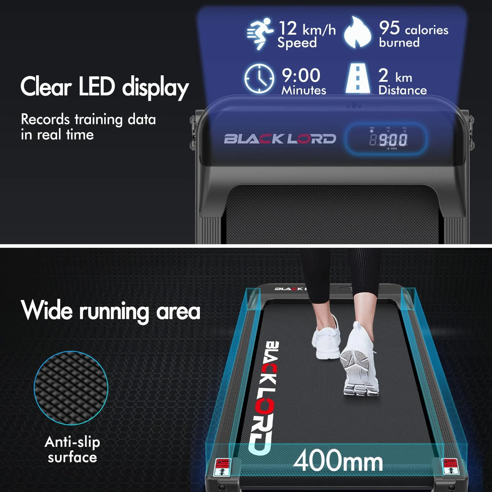 BLACK LORD Pod biurkiem bieżnia, podkładka do chodzenia 2 w 1 do chodzenia i joggingu, 3,2 KM sprzęt fitness, przenośny pod biurkiem, do domu i biura, pojemność 140 kg