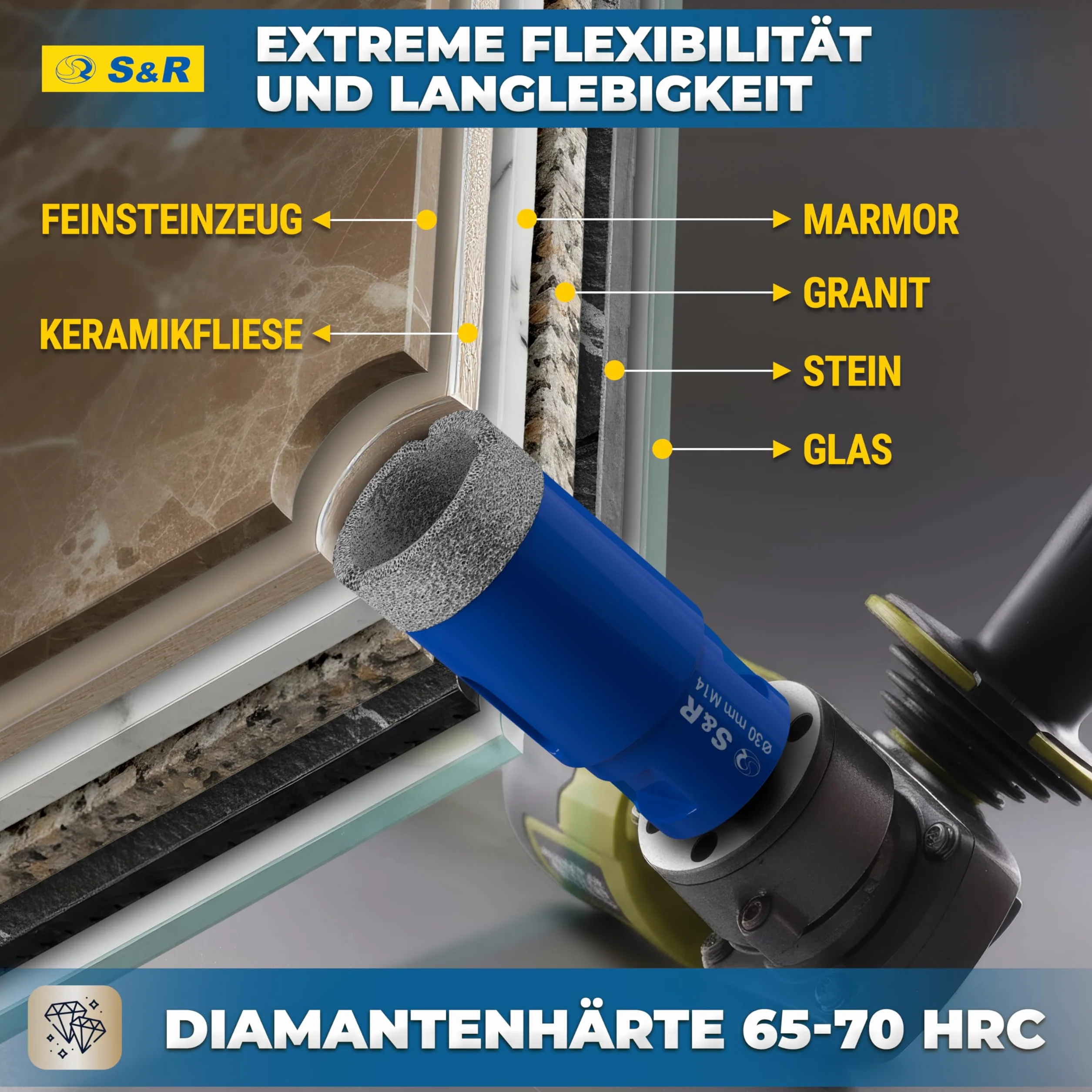 S&R Profesjonalne diamentowe wiertło do płytek 30 mm, gwint M14