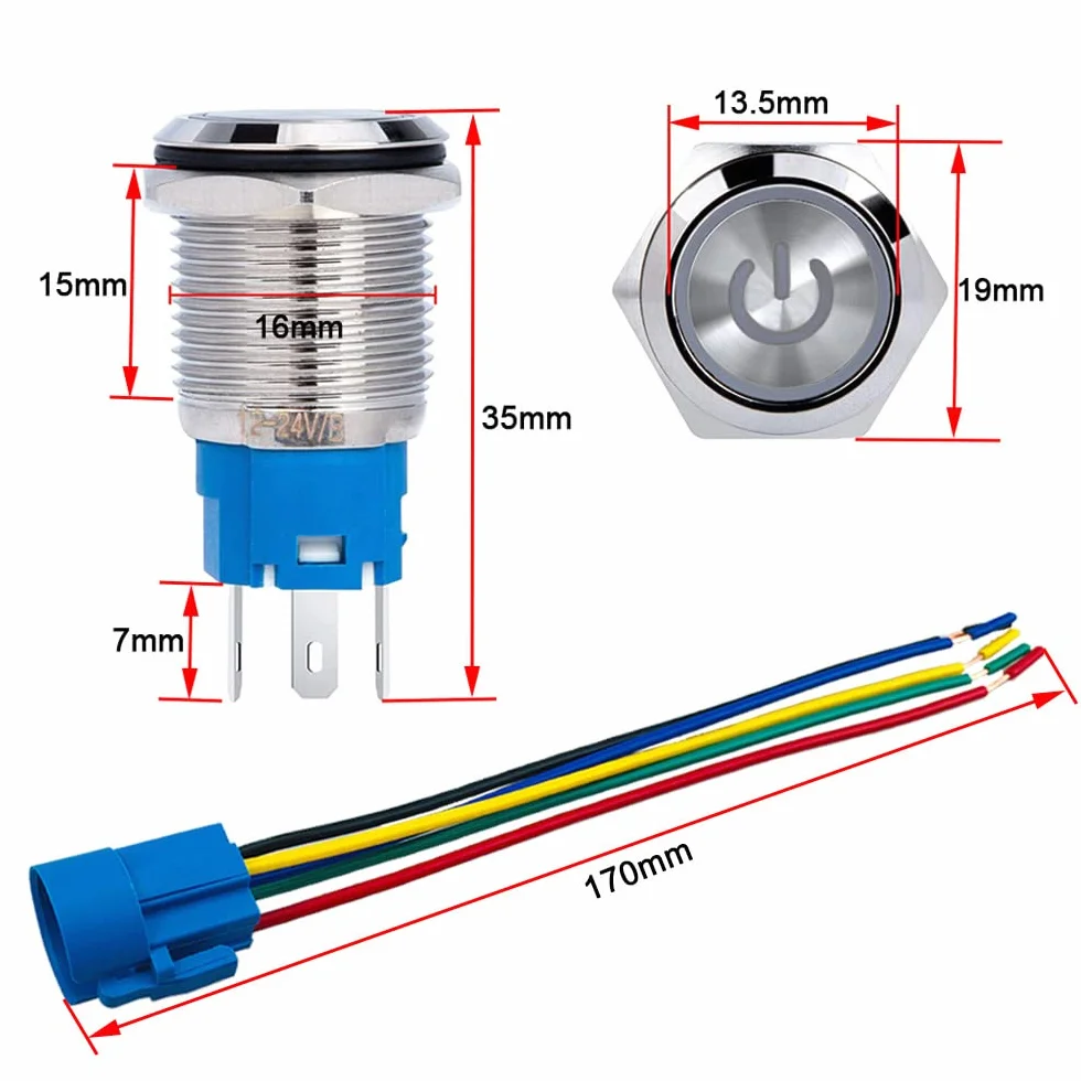 Przełącznik przyciskowy samoblokujący 16 mm 12V 24V 5A wodoodporny stal nierdzewna IP67 biała dioda LED