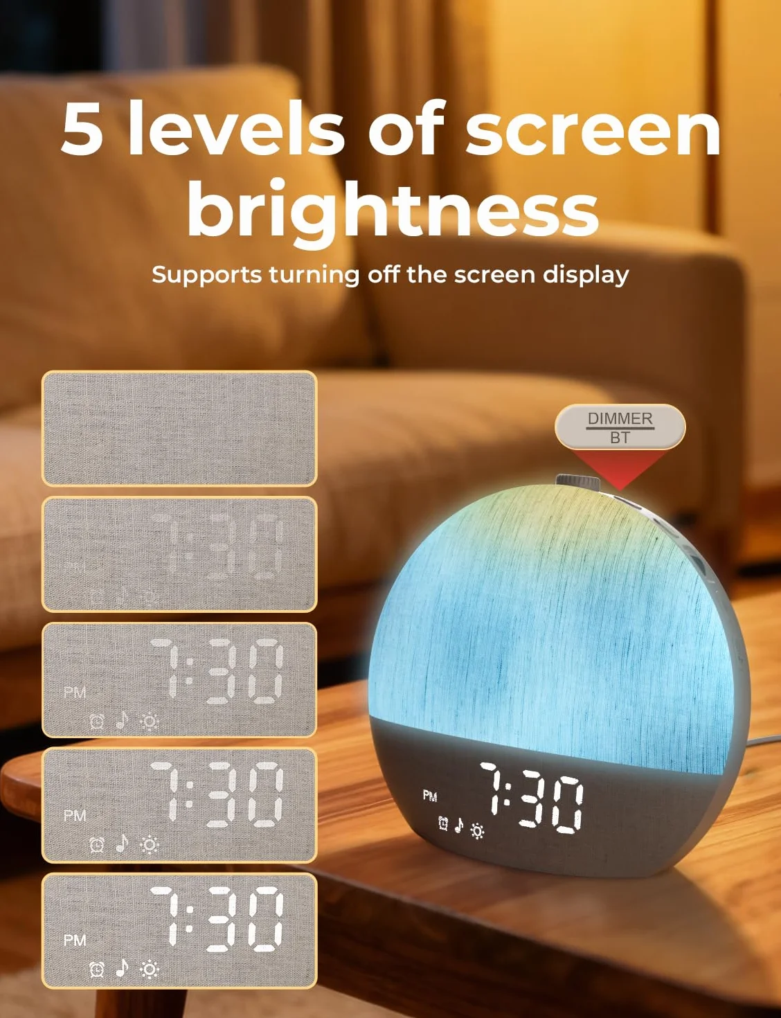 LIORQUE Budzik świetlny z symulacją wschodu słońca, biały hałas, 30 dźwięków do snu, regulowany wyłącznik czasowy, Bluetooth