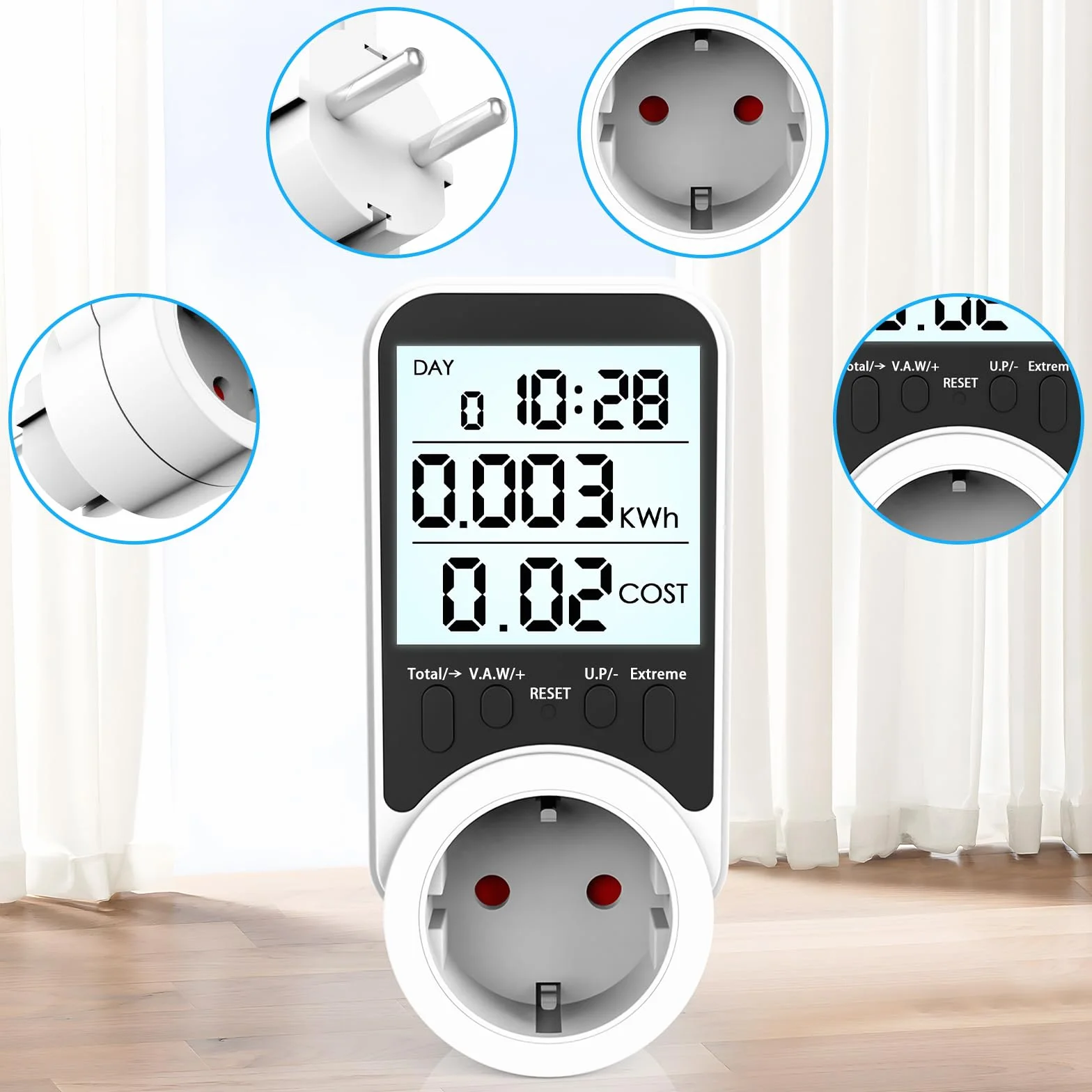 Watomierz Gniazdo Licznik Energii 3680W 16A MAX LCD Zabezpieczenie Przeciążeniowe