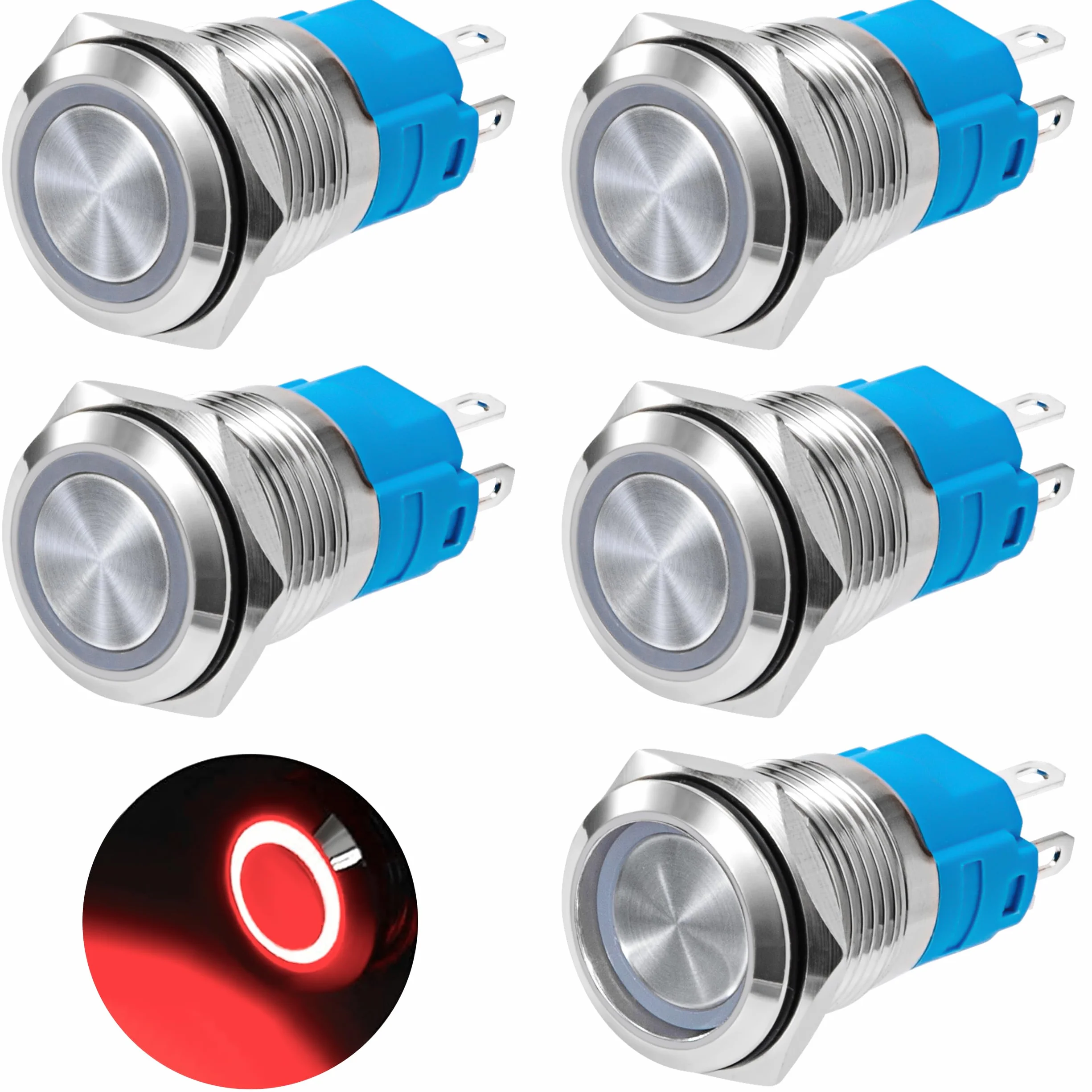 QIMEI-SHOP 5 sztuk Samoblokujący przełącznik przyciskowy 16 mm przyciski 12V-24V 3A Wodoodporne chromowane mosiężne przełączniki przyciskowe z czerwonym pierścieniem LED