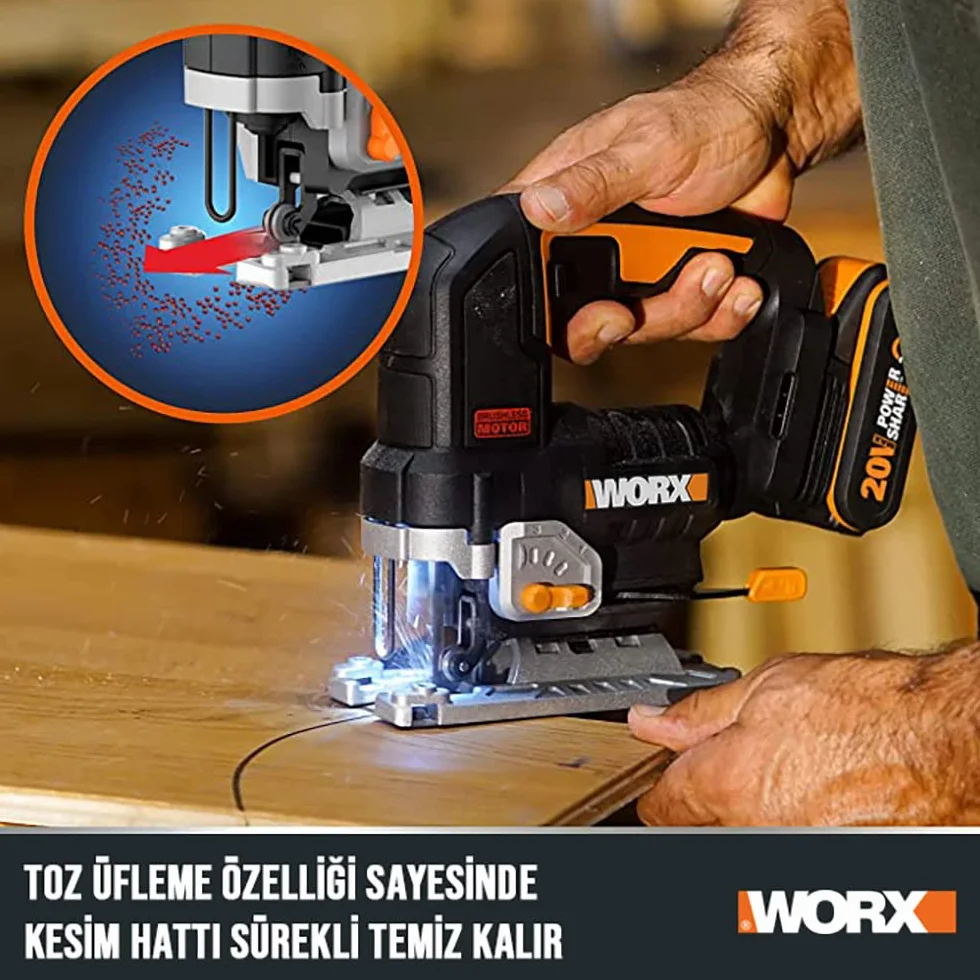 WORX Nitro WX542 akumulatorowa wyrzynarka wahadłowa 20 V silnik bezszczotkowy z adapterem ssącym