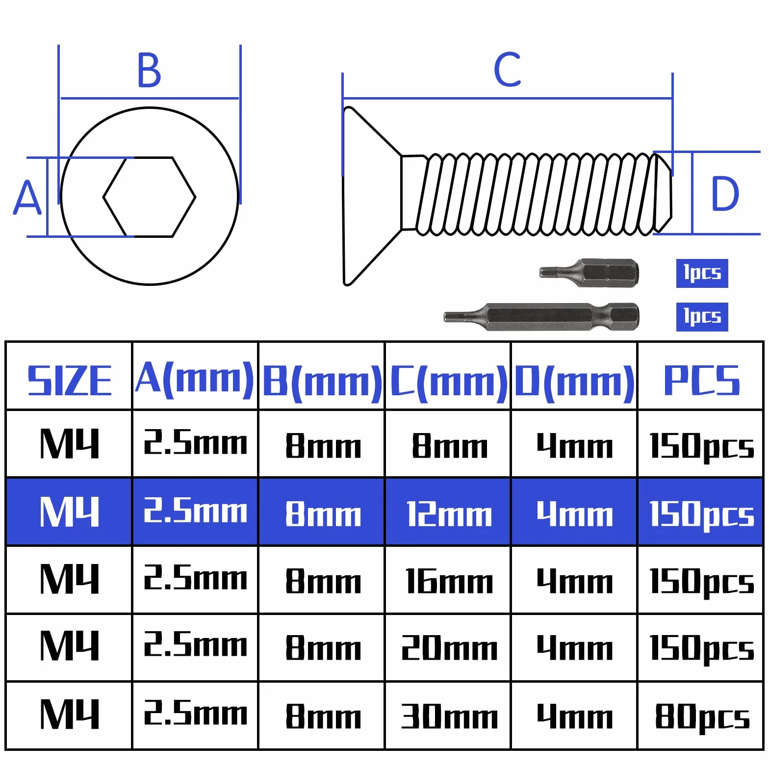Śruby z łbem stożkowym ze stali nierdzewnej M4 x 12 mm, DIN 7991/ISO 10642, 150 szt.