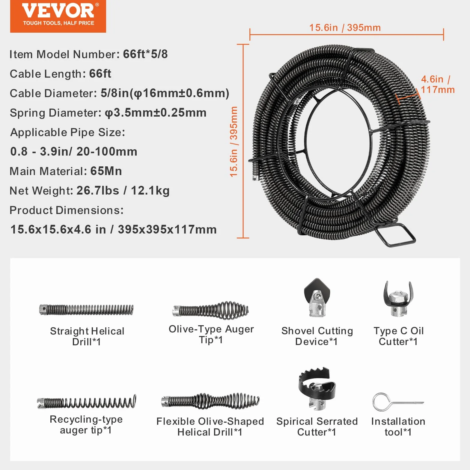 VEVOR Spirala do czyszczenia rur 20 m x 16 mm, kabel z 7 nożami do rur 20-100 mm