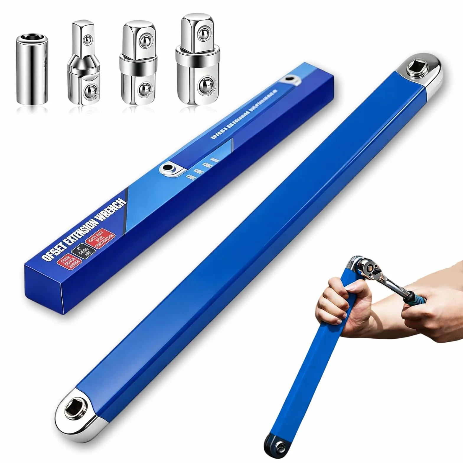 Offset klucz przedłużający 39 cm, przedłużka 0°, zestaw adapterów 1/2", 3/8", 1/4" napęd czworokątny