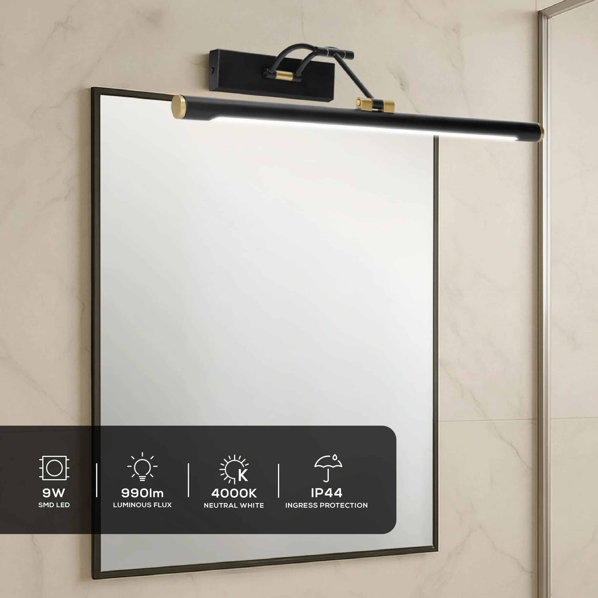 Lampa nad Lustro Kinkiet Łazienkowy IP44 Czarny 40cm 7W 770lm Neutralny Biały