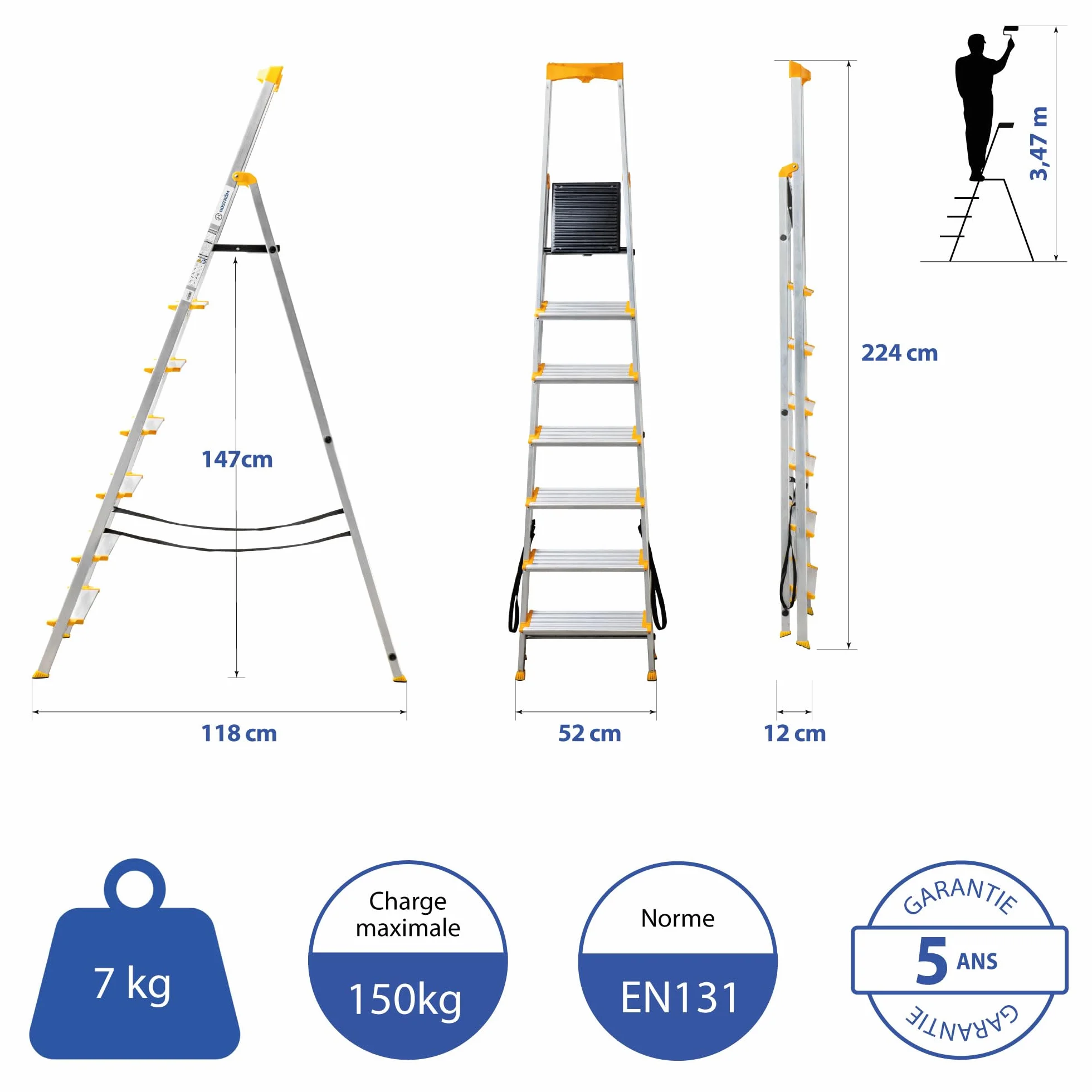 HOSTROM 7-stopniowa aluminiowa drabinka składana, 12 cm stopnie, uchwyt na narzędzia