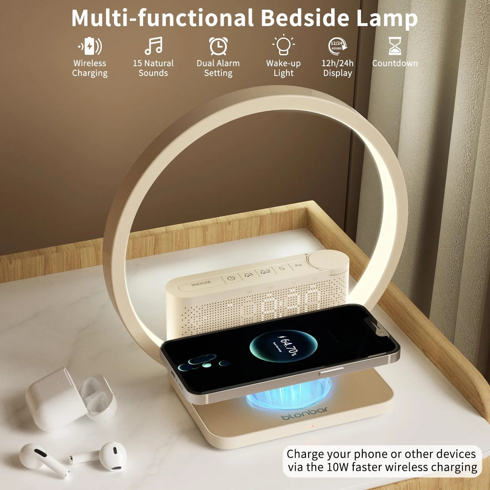 Blonbar Lampka nocna z budzikiem świetlnym Wake Up Light, bezprzewodowa ładowarka 10 W, dotykowa ściemniana, 3 poziomy jasności