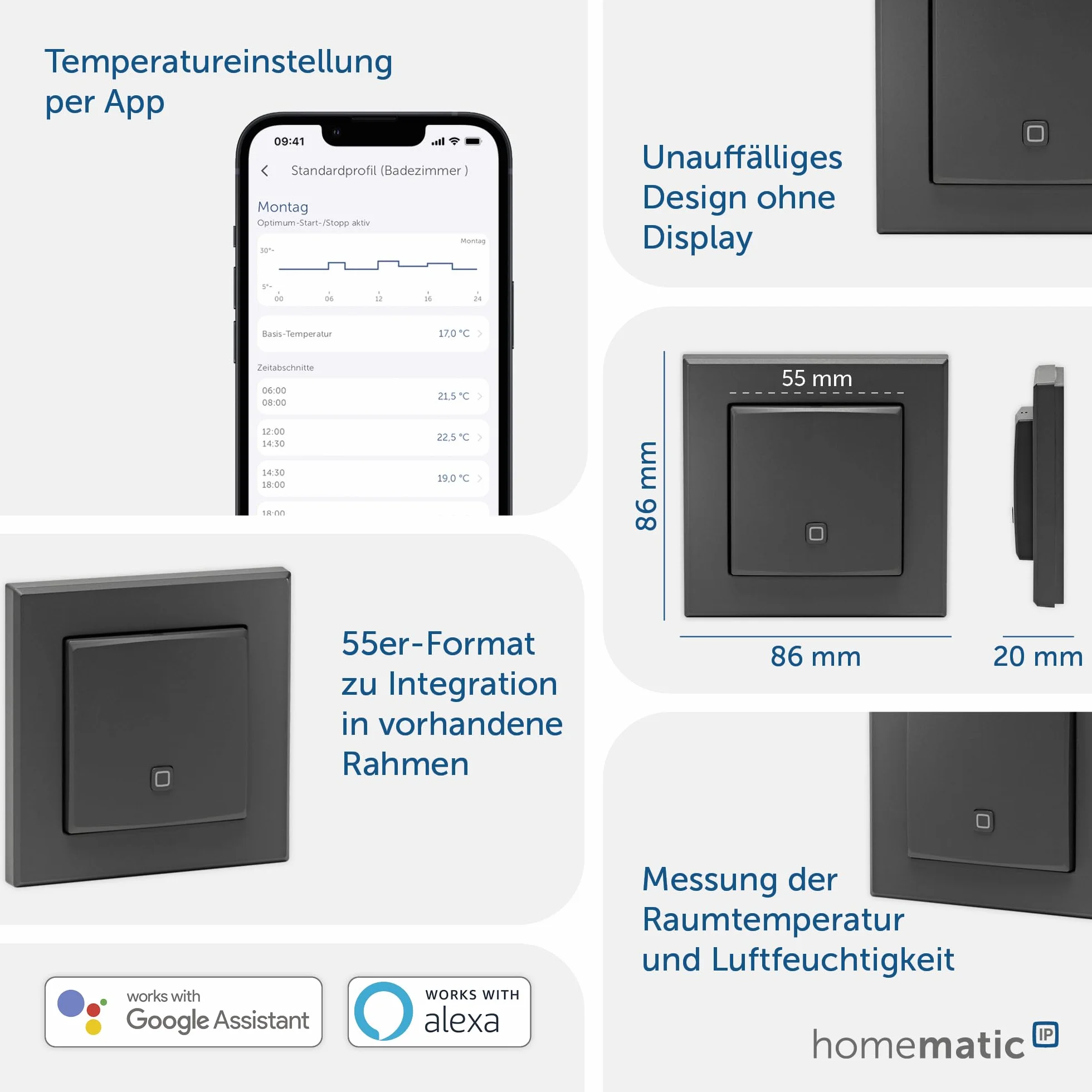 Homematic IP Smart Home czujnik temperatury i wilgotności powietrza – wewnątrz, antracytowy, steruje cyfrowo grzejnikami/ogrzewaniem podłogowym, aplikacją Alexa, Google Assistant, pomiar