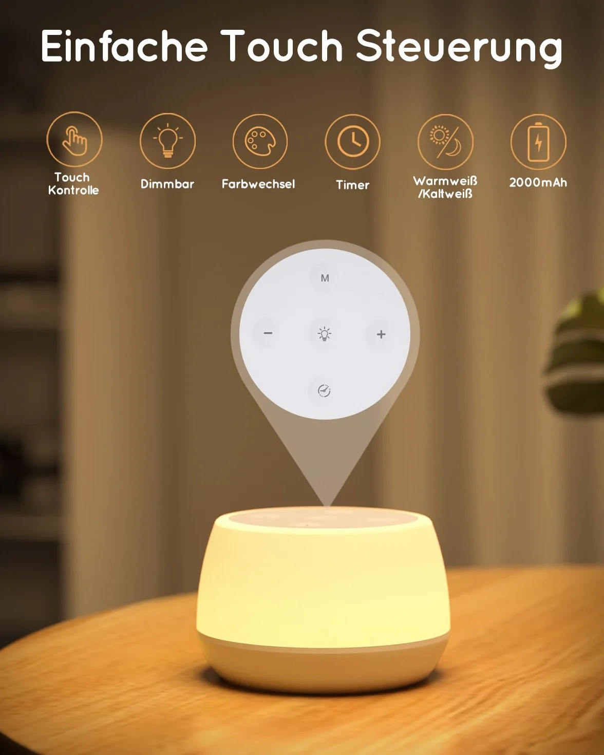 Bonsery Dotykowa lampka nocna LED z timerem, akumulatorowa USB, 9 kolorów, 3 tryby, dla niemowląt
