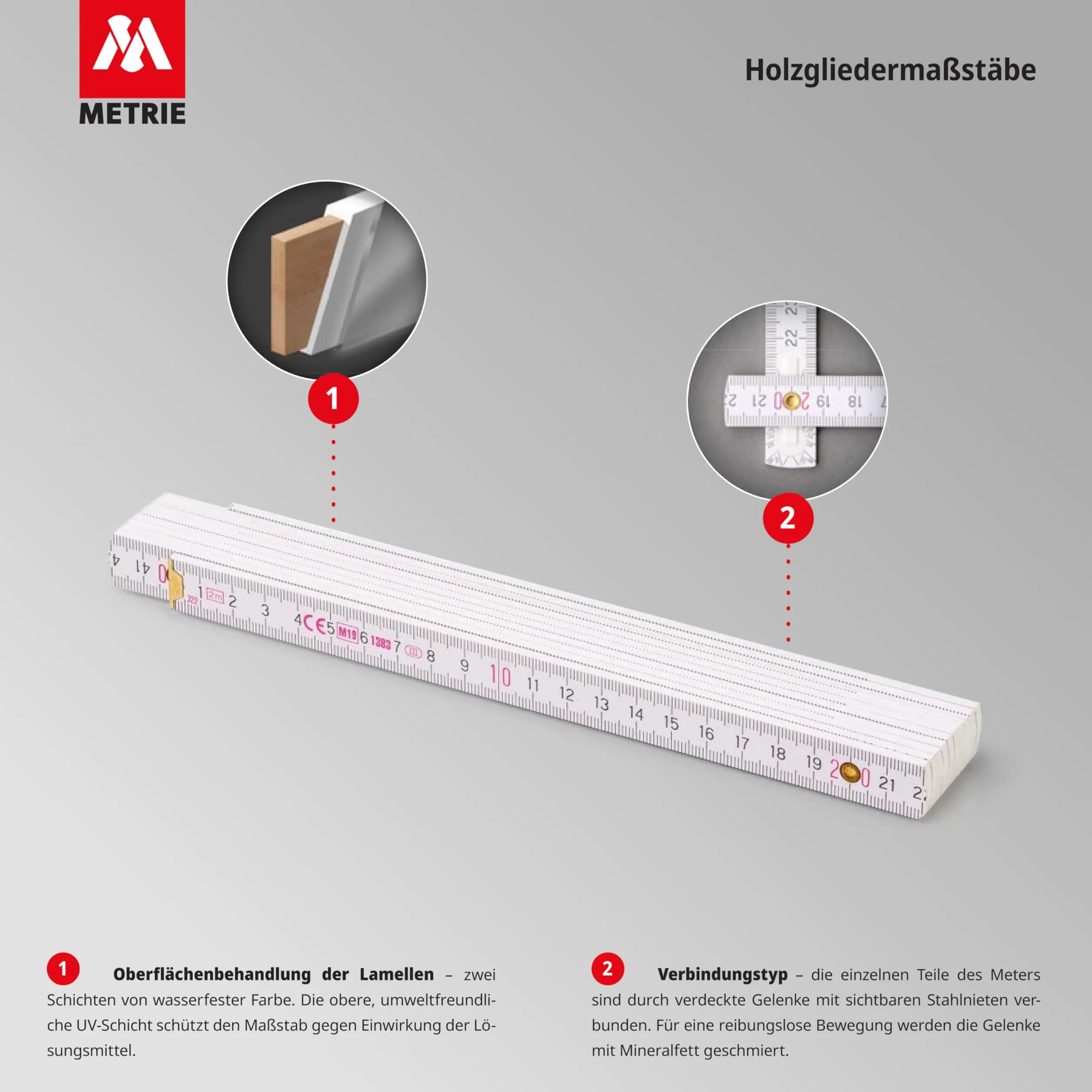 Metrie BLOCK72 Holz Zollstock 2m Gliedermaßstab mit Duplex-Teilung Weiß