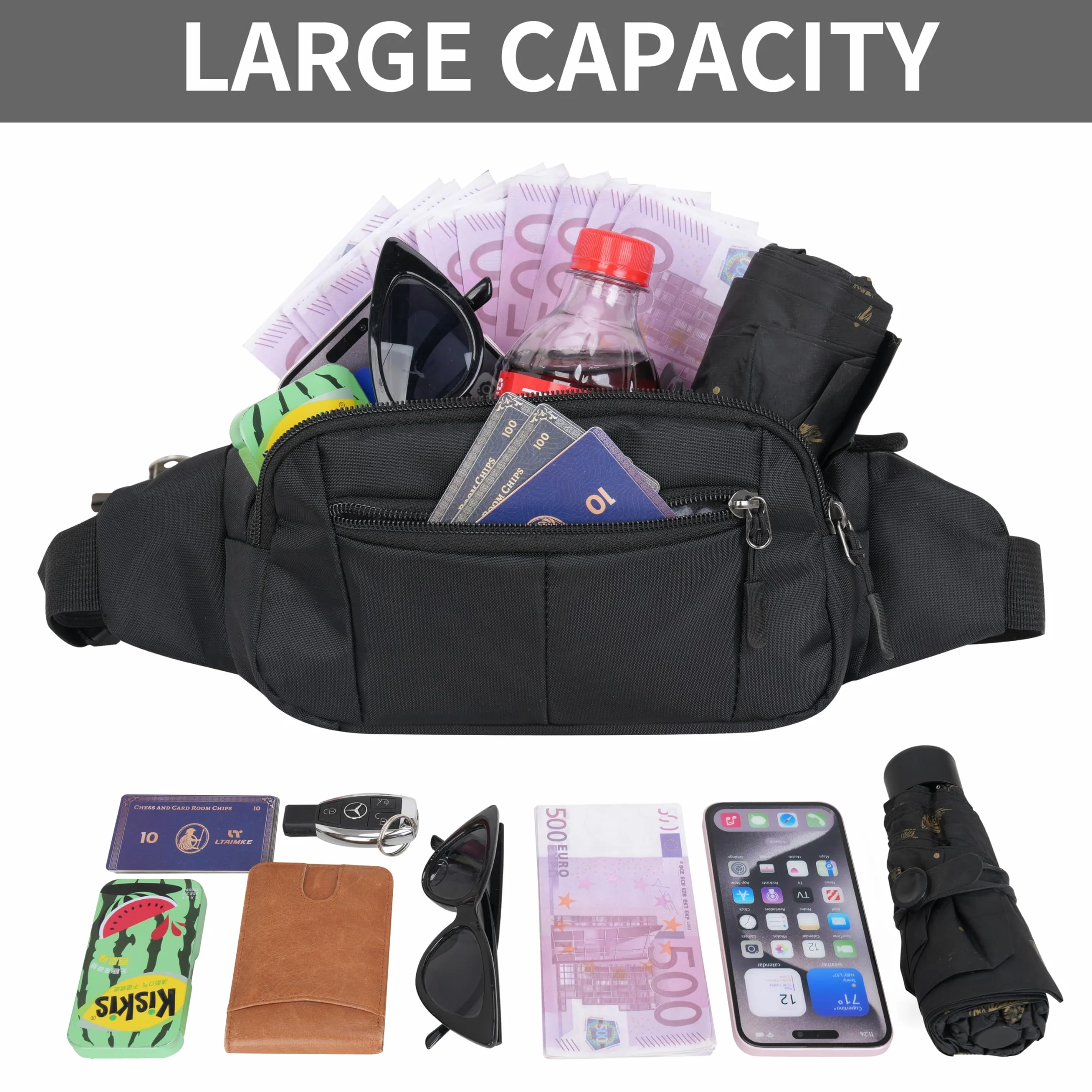 Saszetka biodrowa dla mężczyzn i kobiet unisex sportowa z regulowanym paskiem przedłużonym 30 cm i 4 kieszeniami z zamkiem błyskawicznym torba do treningu na świeżym powietrzu podróży na co dzień
