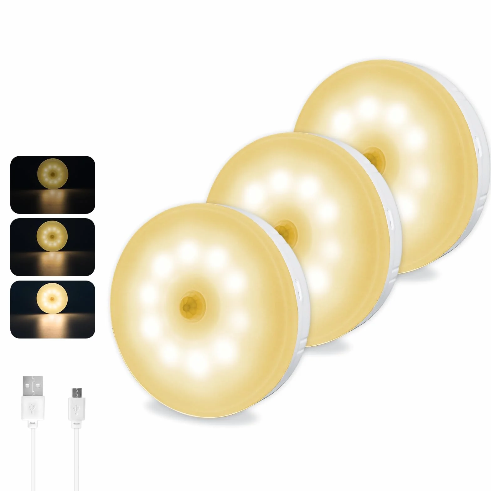 Lampka z czujnikiem ruchu, ściemnialna, ciepła biel, 10 diod LED, USB z możliwością ładowania, 0,5 W, bezprzewodowa lampka do szafki z czujnikiem, magnetyczna lampka do schodów, zestaw 3 sztuki