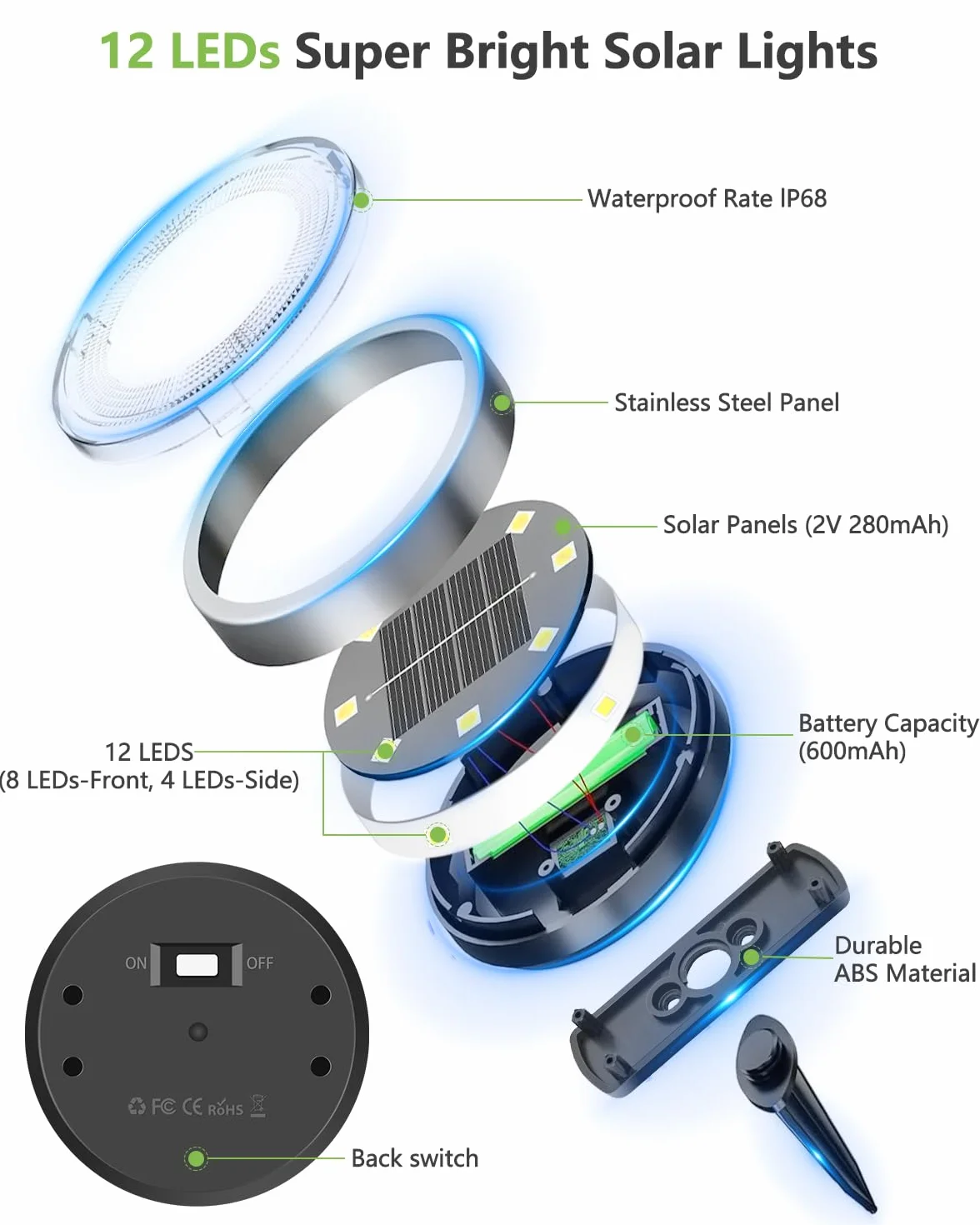 Solarne lampy podłogowe IP65 12 LED zimna biel Bowfar