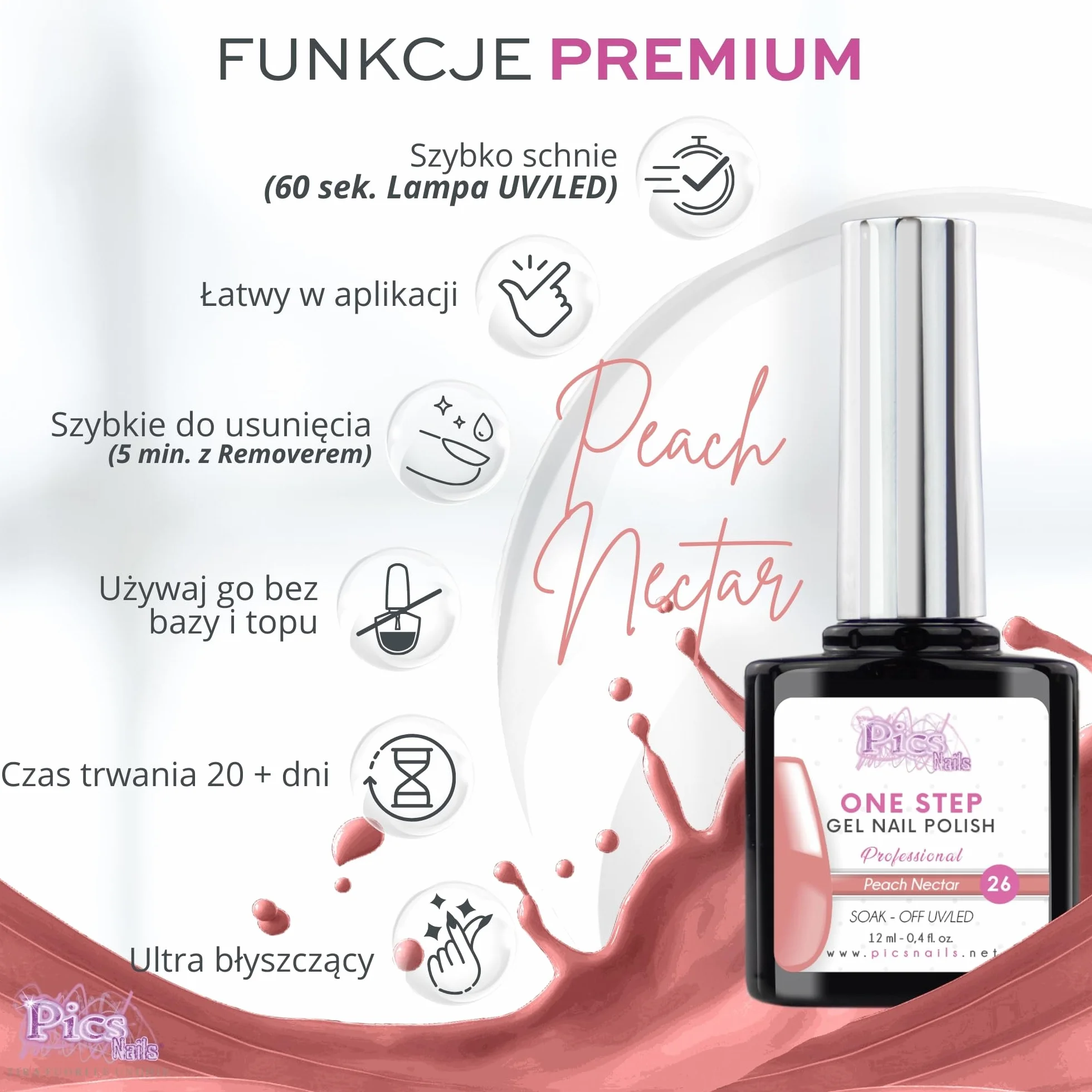 Lakier do paznokci One Step Gel Polish UV/LED 12 ml - Lakier żelowy - Natychmiastowy połysk paznokci z lub bez bazy i top coat (26. Nektar Brzoskwiniowy, 12 ml)