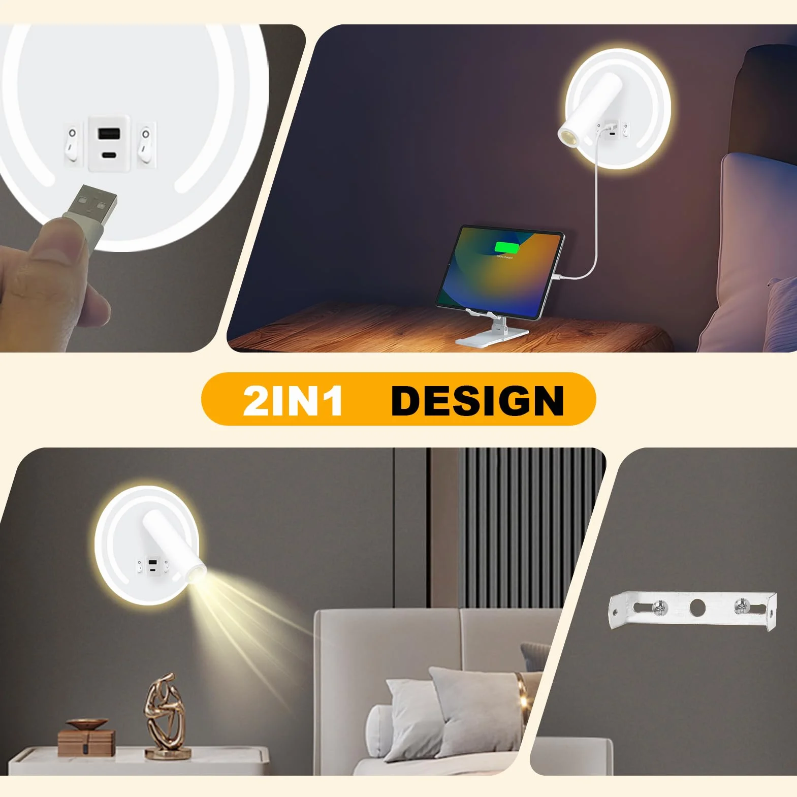 Lampa do czytania ścienna LED 3W+9W USB obrotowa 3000K biała okrągła