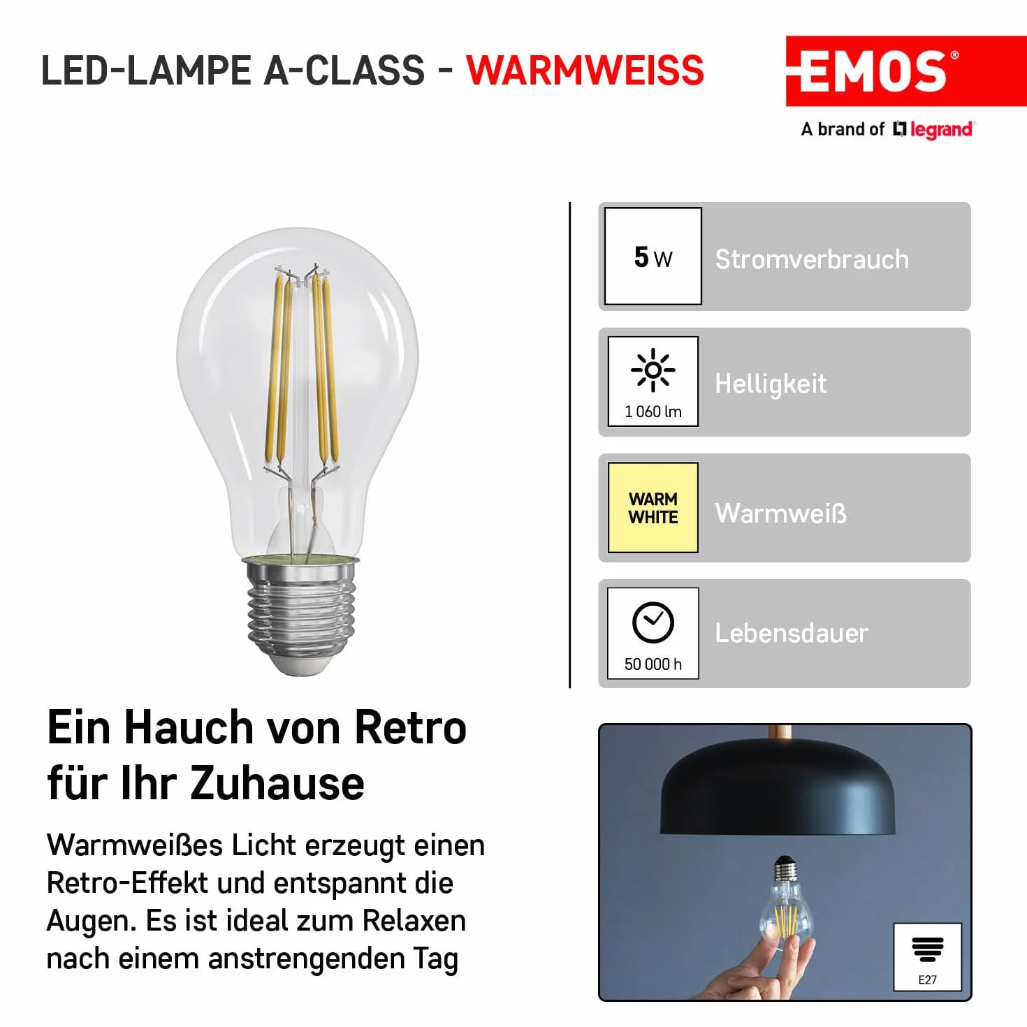 EMOS Lampa LED Edison A60 5W zamiennik żarówki 75W E27 1060 lm 2700 K 50000 h CRI 80 kąt 300°