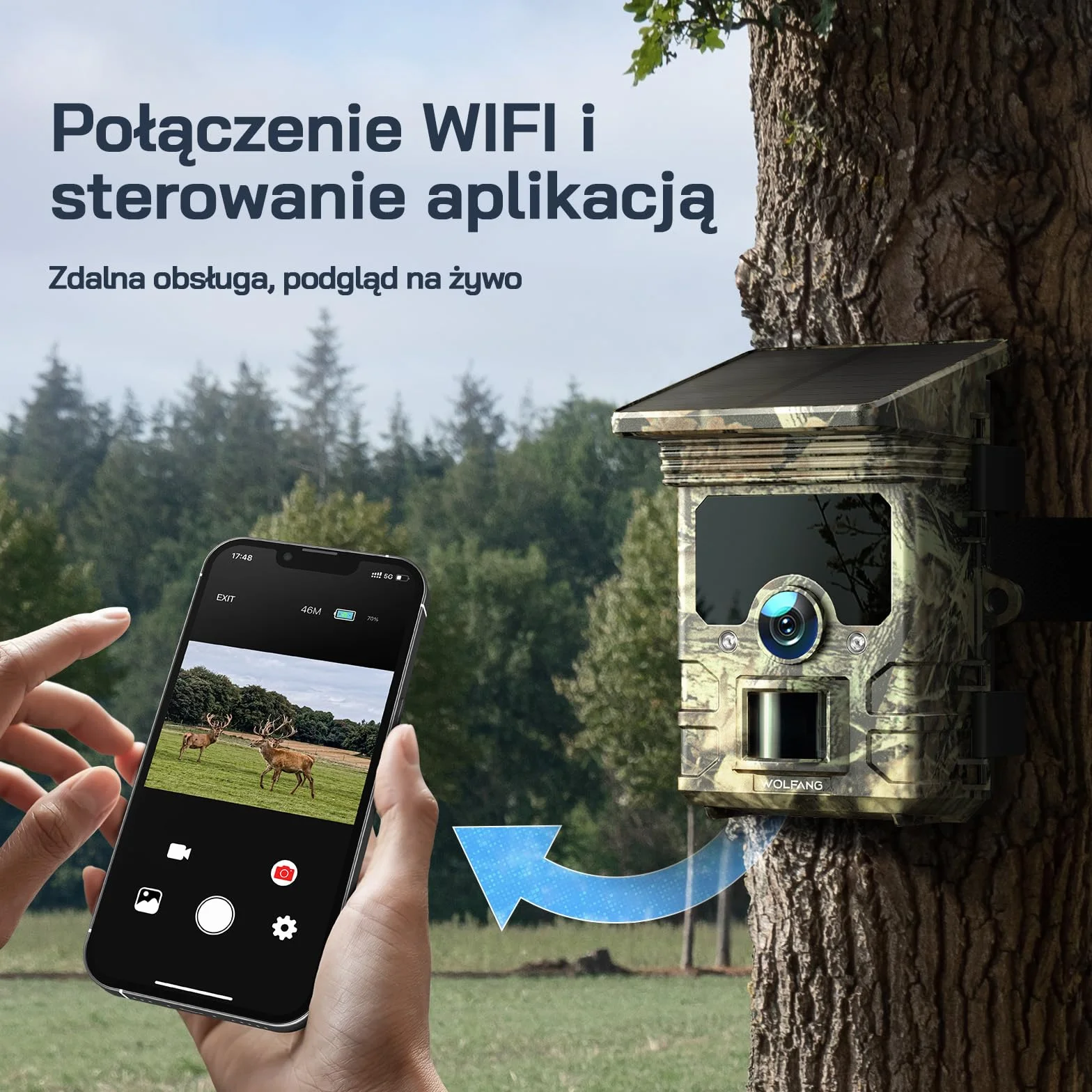 WOLFANG Solarna kamera do dzikiej przyrody, 4K, 46 MP, WiFi Bluetooth z noktowizorem, aktywowana ruchem, czas wyzwalania 0,1 s, wodoodporna kamera IP66, do monitorowania dzikiej przyrody, z kartą