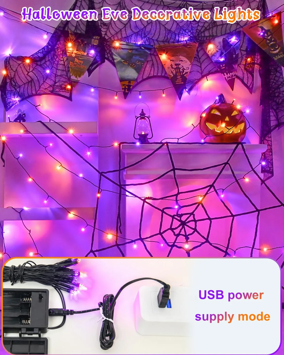 Dalugo Łańcuch świetlny na baterie, 5 m, 50 diod LED, USB, pomarańczowy, fioletowy, z timerem, 8 trybów, wodoszczelność IP65, z czarnym kablem do użytku wewnątrz i na zewnątrz