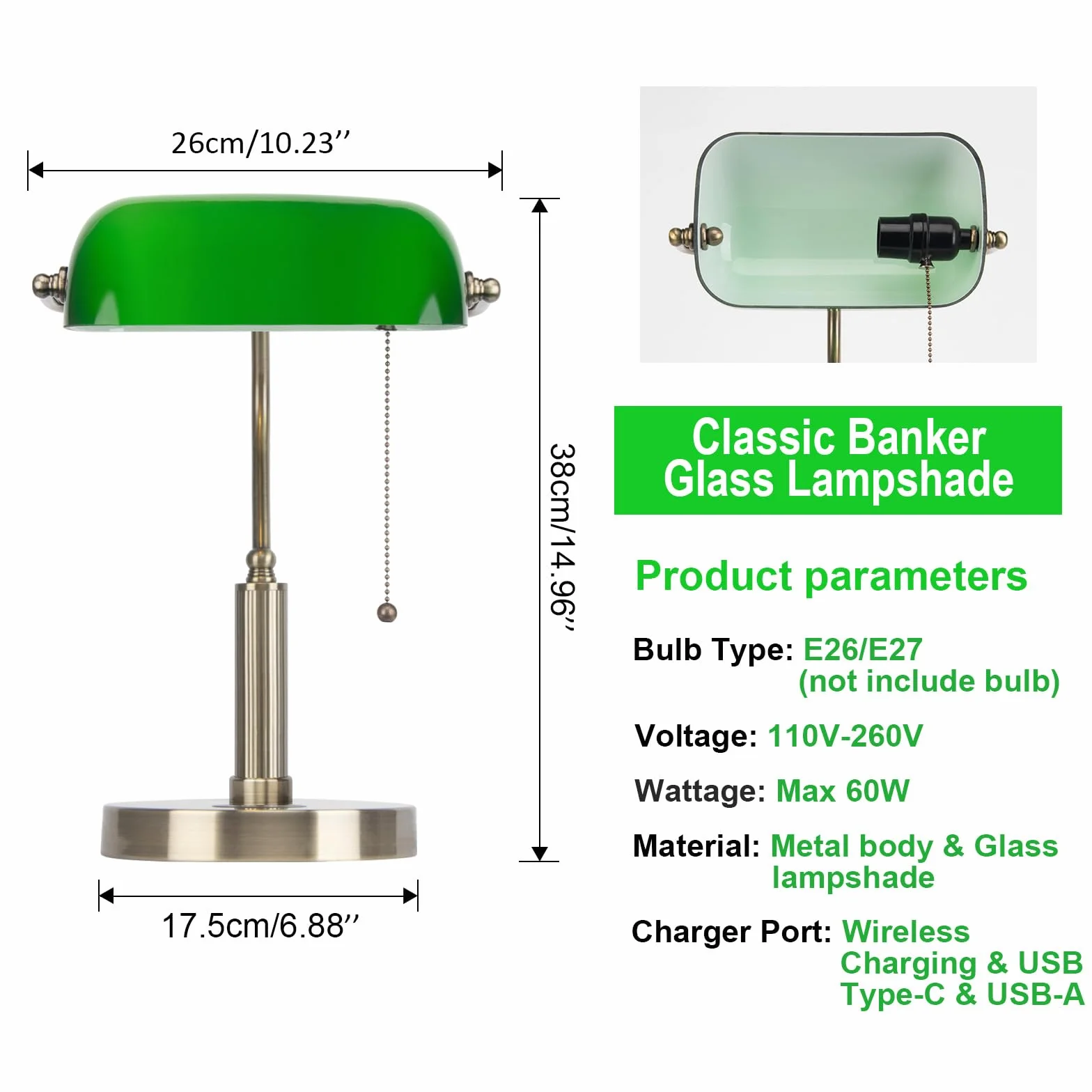 Lampa biurkowa vintage zielona z mosiężną podstawą ładowanie bezprzewodowe USB