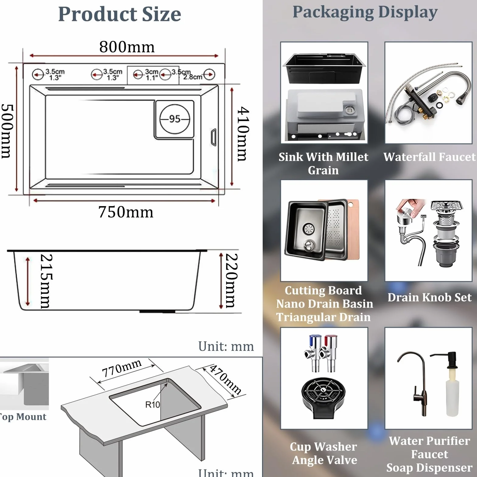 Stainless Steel Waterfall Kitchen Sink Combo with Pull-Out Faucet Nano-Coated Topmount Single Bar Bowl 80x50cm Black-Grey