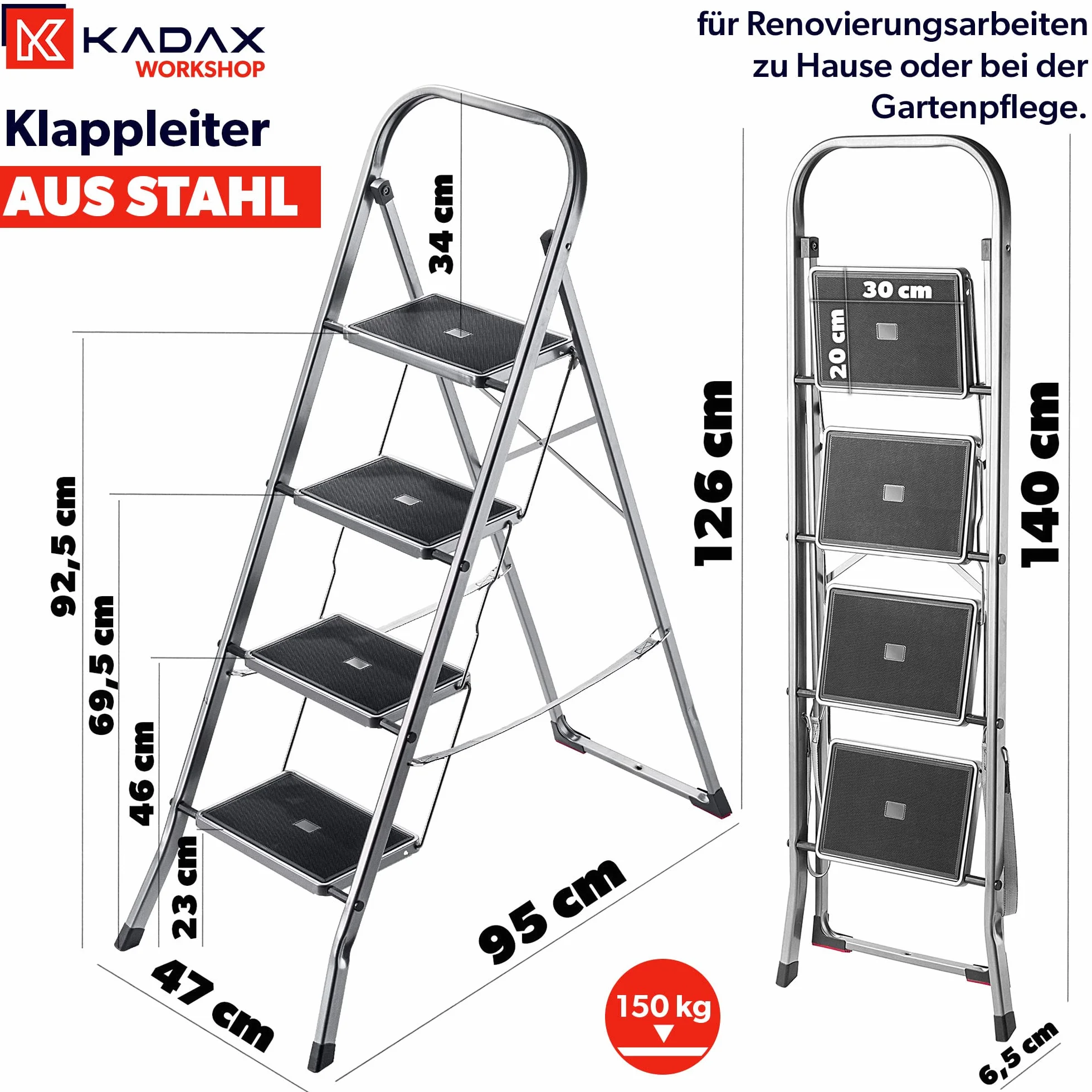KADAX Drabina stalowa składana 4-stopniowa 150 kg