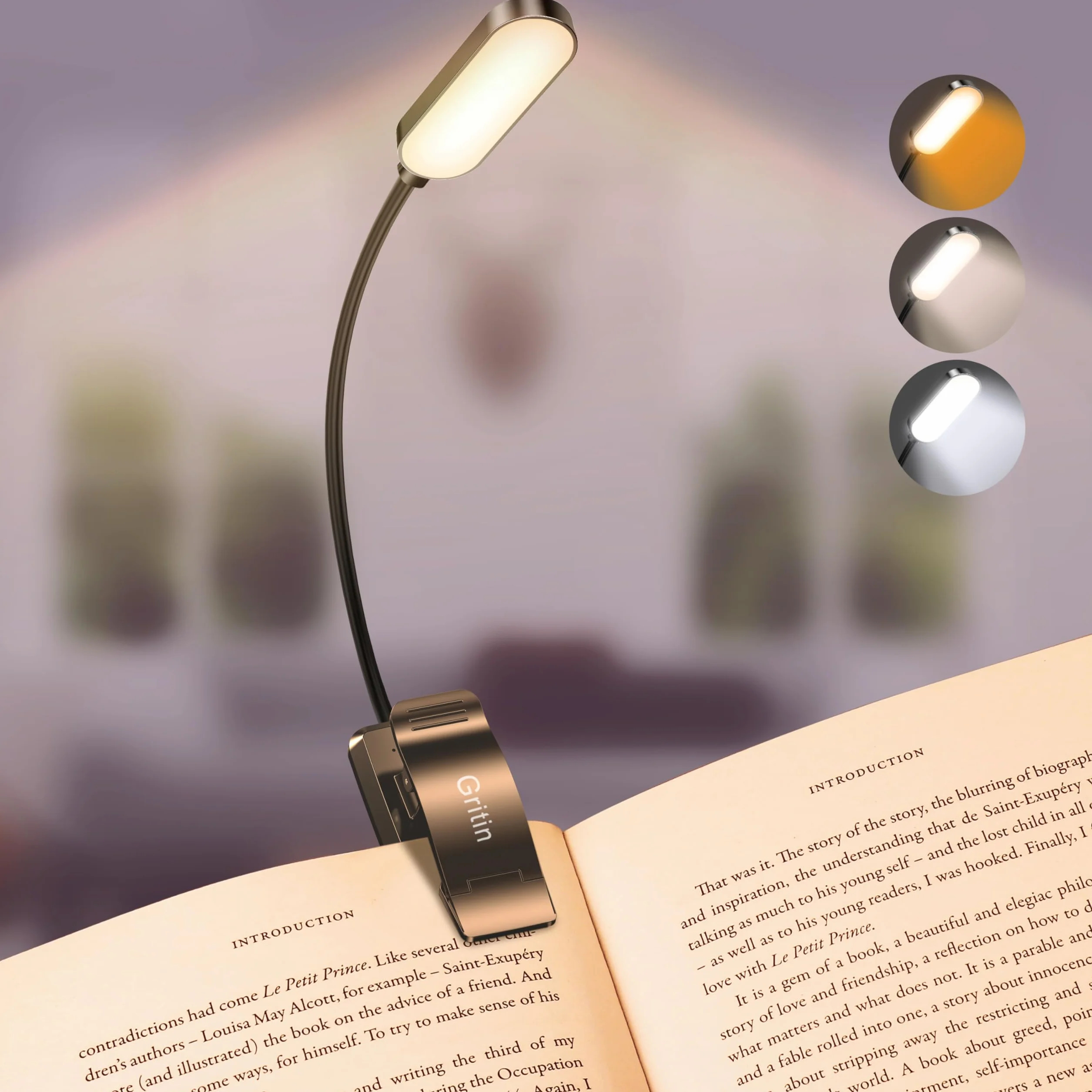 Gritin Lampka do Czytania 16 LED z Klipsem, 3 Tryby Ochrony Wzroku, Bezstopniowe Ściemnianie