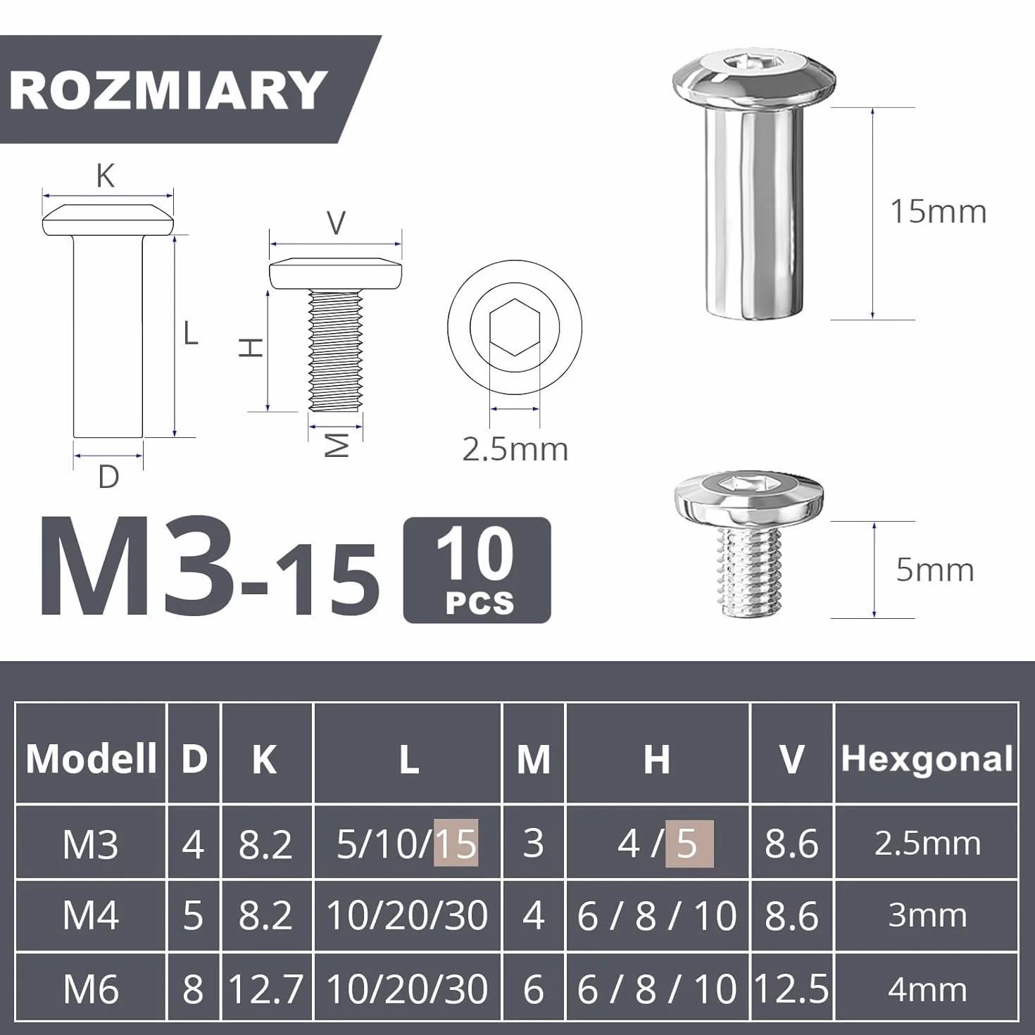 Łączniki Meblowe M3x15 Stal Nierdzewna A2 V2A 10 Sztuk