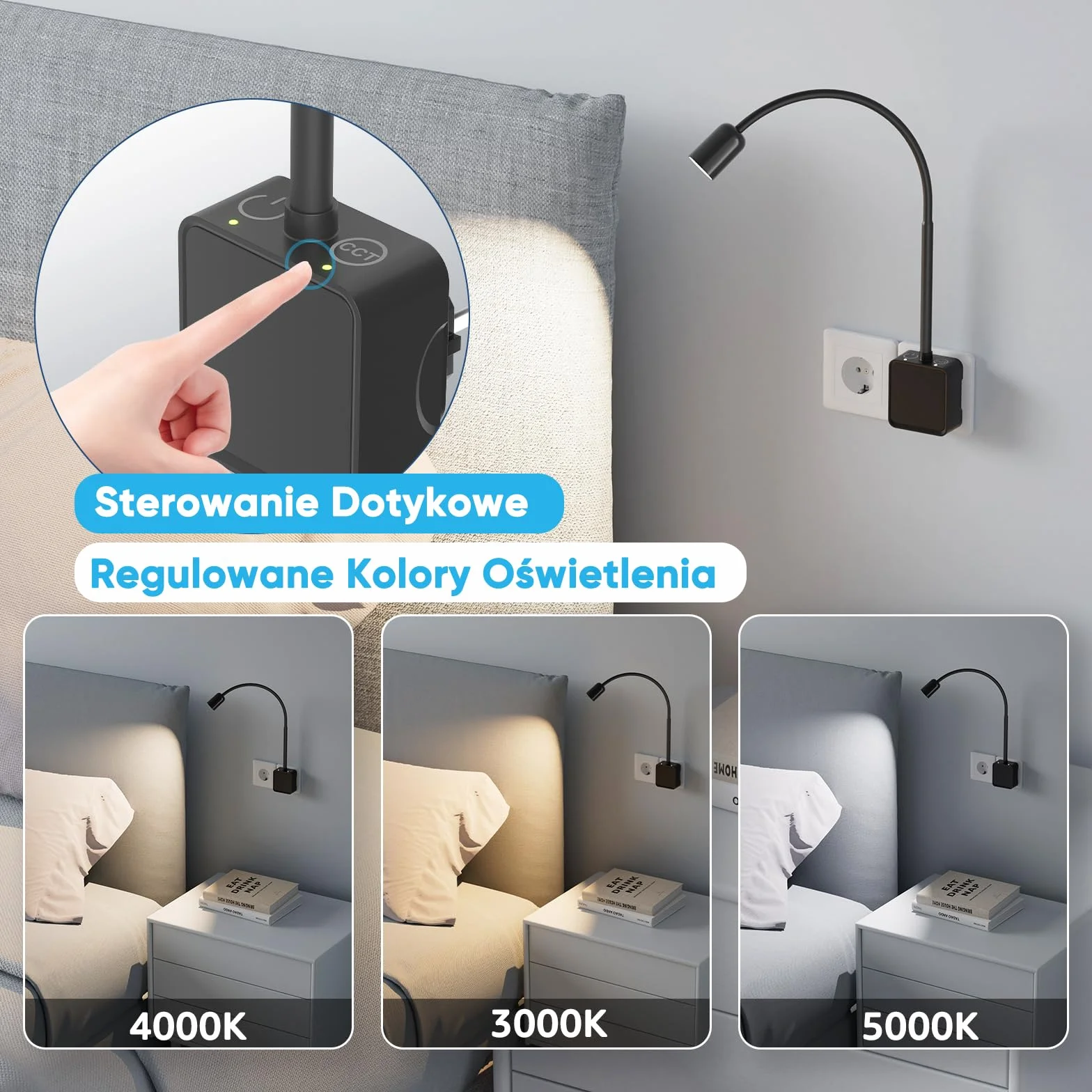 Lampka Nocna LED do Czytania Ściemnialna Kinkiet Ścienny Czarny 3 Tryby Kolorów 50°