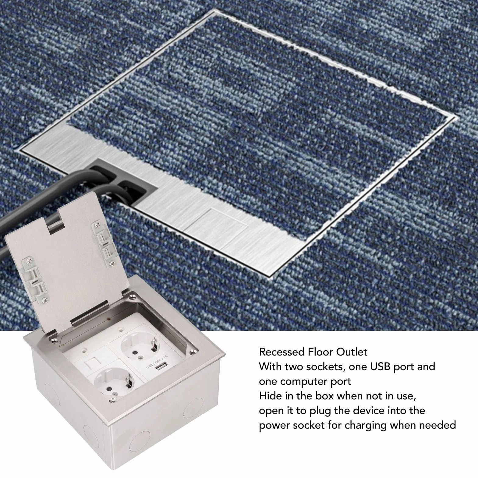 Podłogowa Skrzynka Wyjściowa, 2500W 16A 2 Gniazda 1 Port USB 1 Port Komputera Wpuszczane Gniazdo Podłogowe Wodoodporny Wielofunkcyjny Pudełko z Gniazdkiem Elektrycznym dla