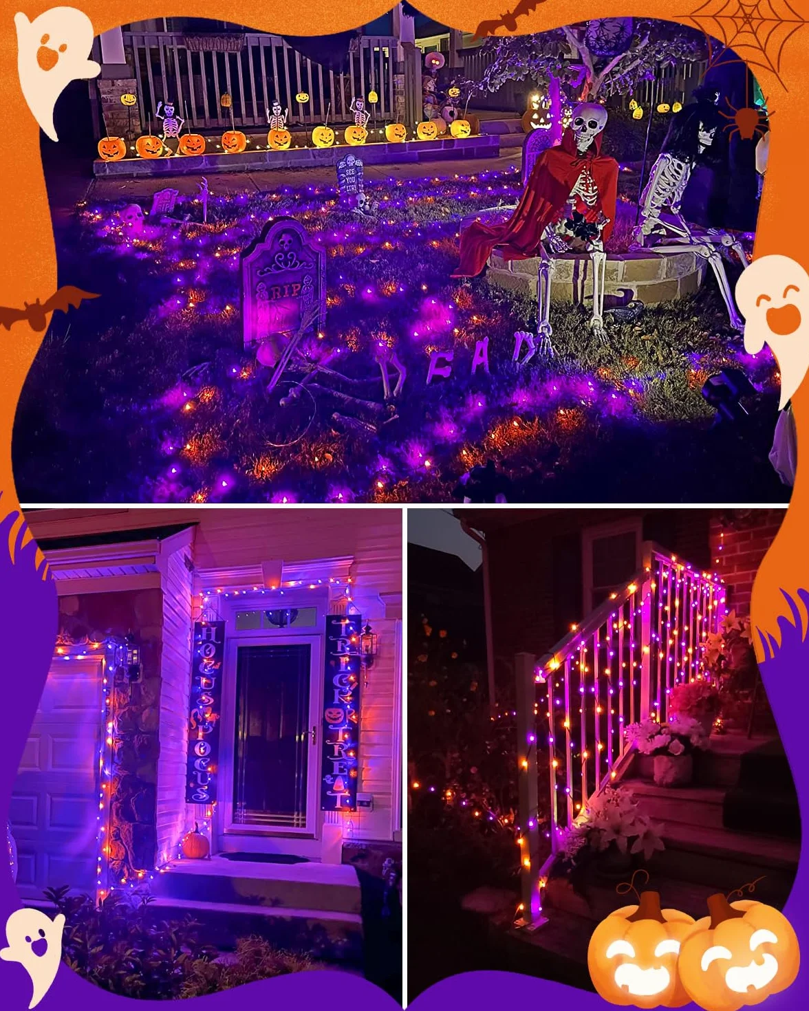 Dalugo Łańcuch świetlny na baterie, 5 m, 50 diod LED, USB, pomarańczowy, fioletowy, z timerem, 8 trybów, wodoszczelność IP65, z czarnym kablem do użytku wewnątrz i na zewnątrz