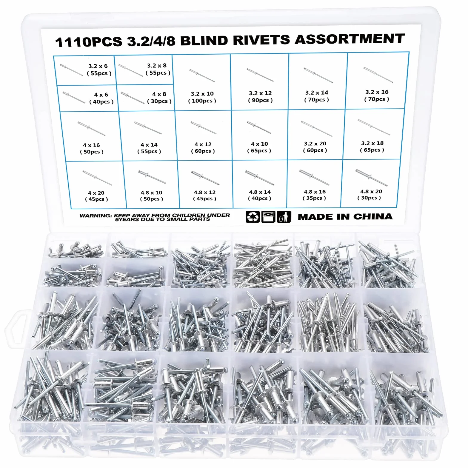Gueenky 1110 sztuk aluminiowych nitów niewidomych 3,2/4/4,8 mm, 20 rozmiarów, zestaw z metalowym pudełkiem