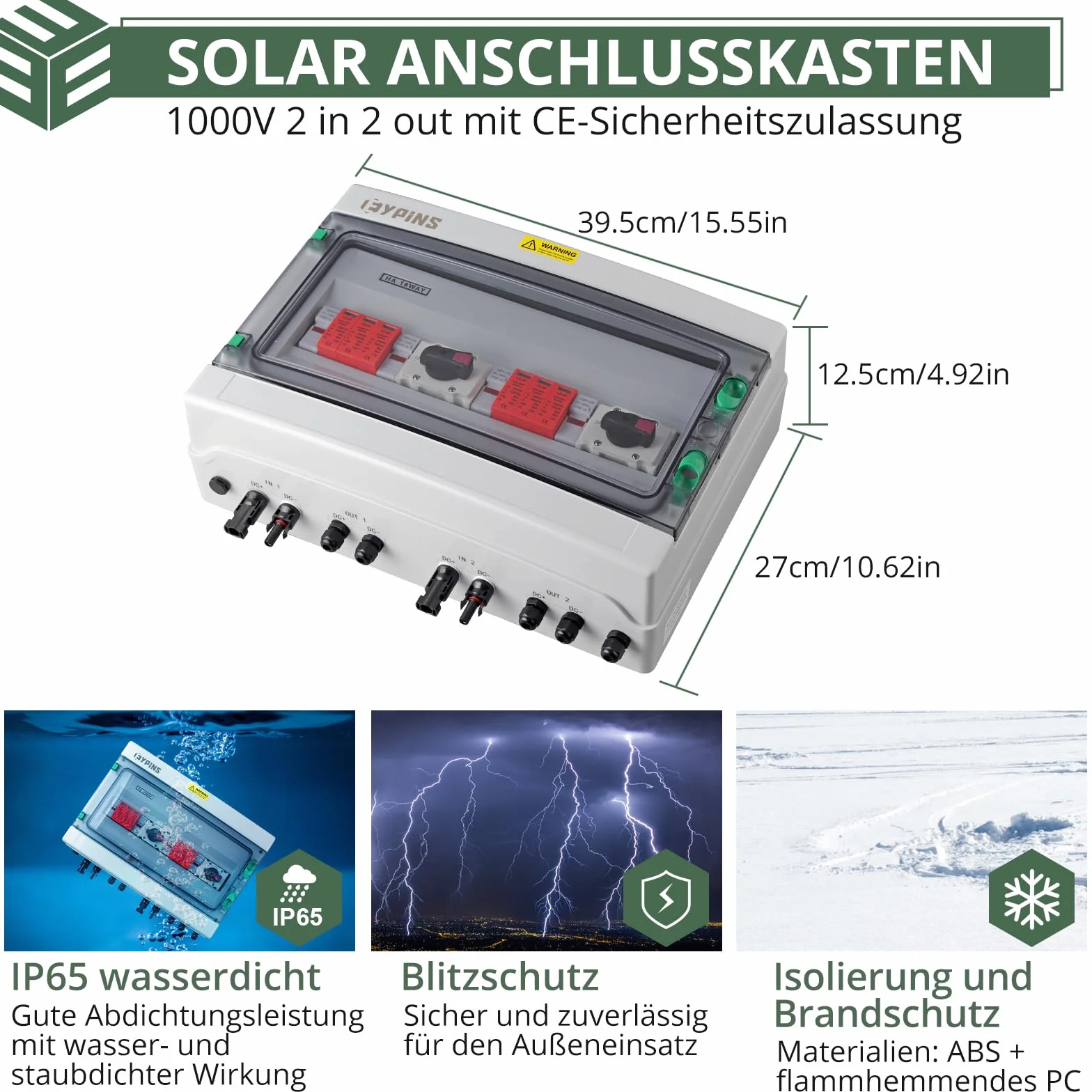 EYPINS Zabezpieczenie przeciwprzepięciowe PV DC1000 V skrzynka przyłączeniowa 32 A odłącznik 2 w 2 out