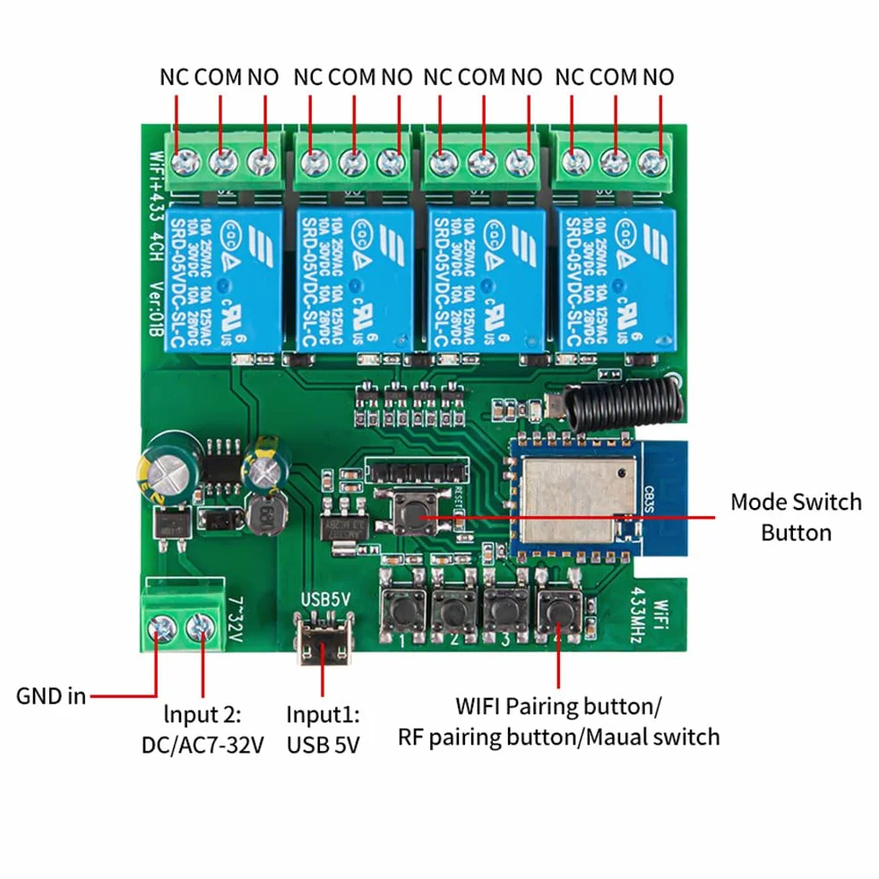 4CH Tuya WiFi inteligentny przełącznik 7-32 V 5 V 2,4 G WiFi moduł automatyki domowej do IFTT