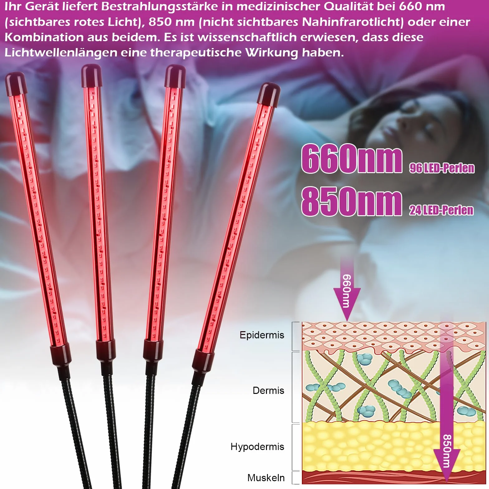Lampa z czerwonym światłem 660 nm 850 nm 4 głowice 5 trybów ściemniania timer stojak terapia światłem
