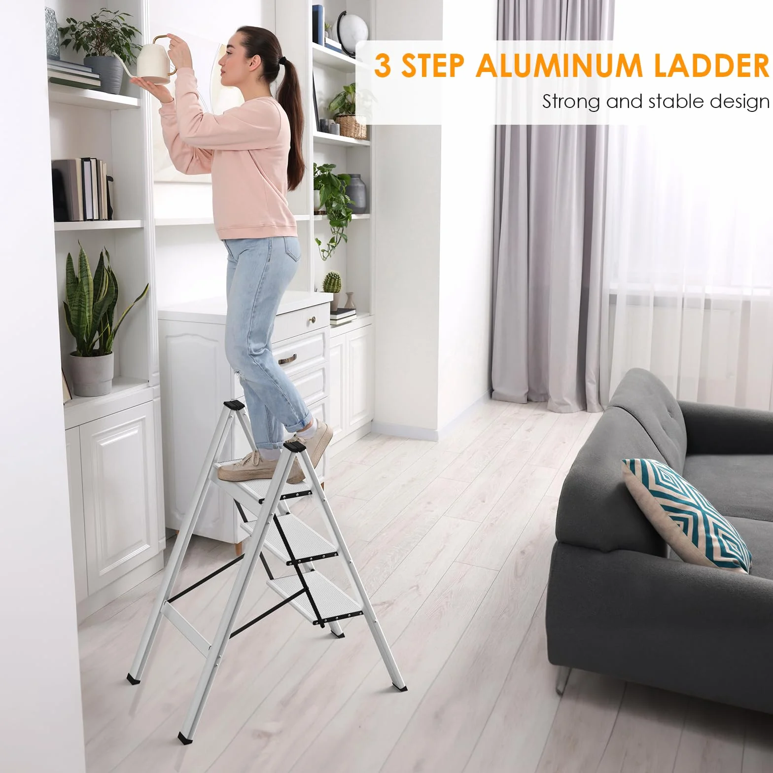 LIFERUN Aluminiowa drabina z 3 stopniami, składana, antypoślizgowa, stojąca, wielofunkcyjna, 150 kg, srebrna