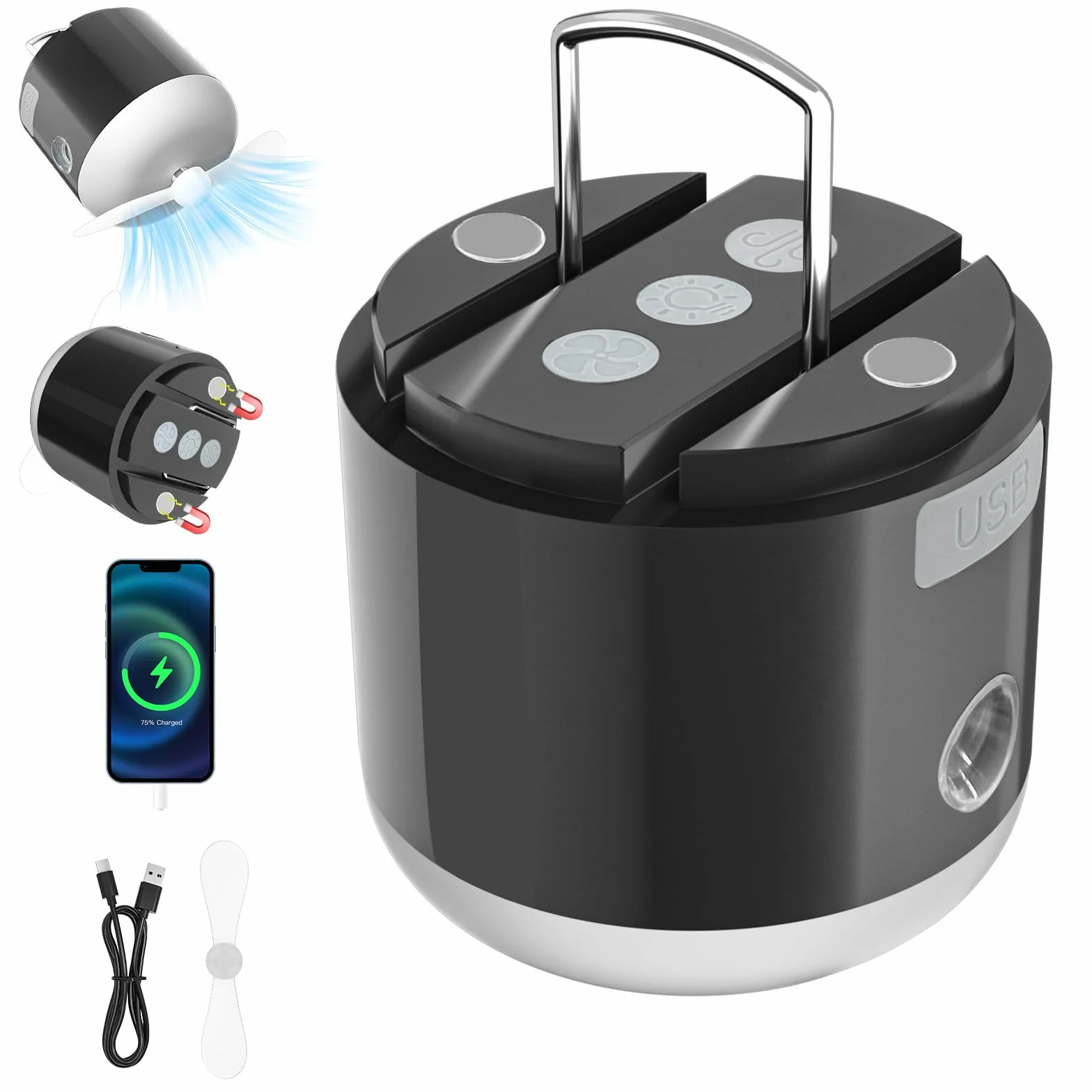 AOMEES lampa kempingowa LED, latarnia kempingowa, ładowana przez USB, z wentylatorem, sprayem, wodoszczelna IPX5, mini lampa namiotowa, magnetyczna lampa kempingowa z haczykiem na wędrówki