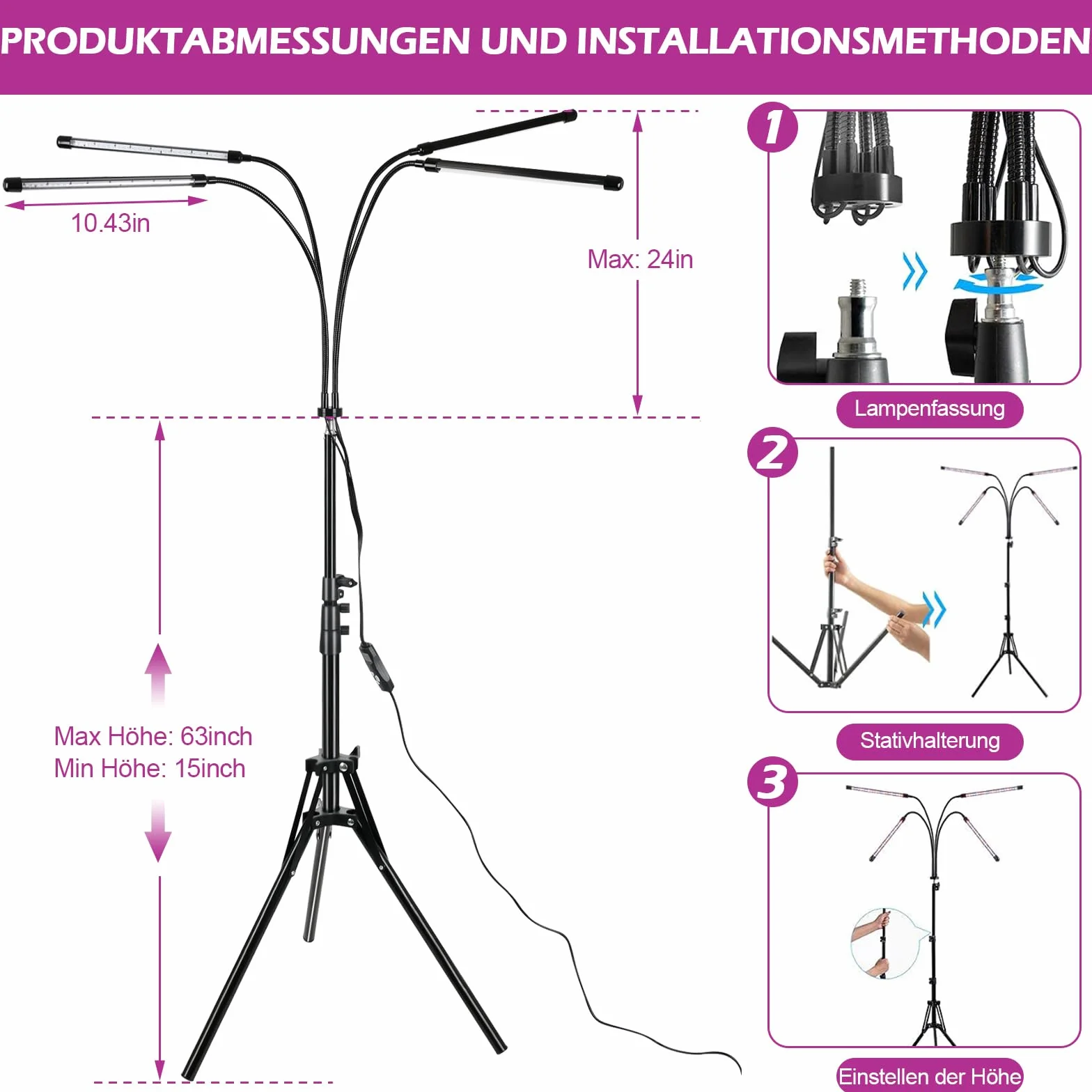 Lampa z czerwonym światłem 660 nm 850 nm 4 głowice 5 trybów ściemniania timer stojak terapia światłem